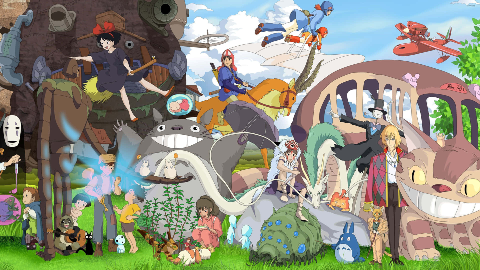 A Surrealistic And Creative Desktop Background Featuring Studio Ghibli's Most Beloved Characters Background