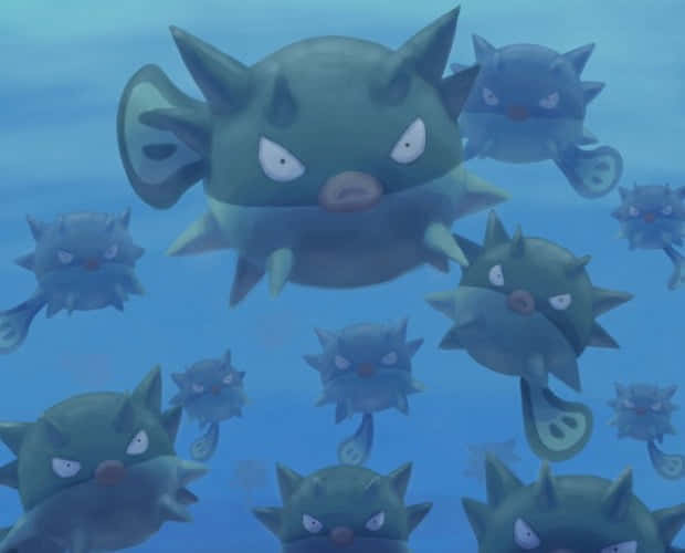 A Swarm Of Qwilfish Advancing In Ocean Depths Background