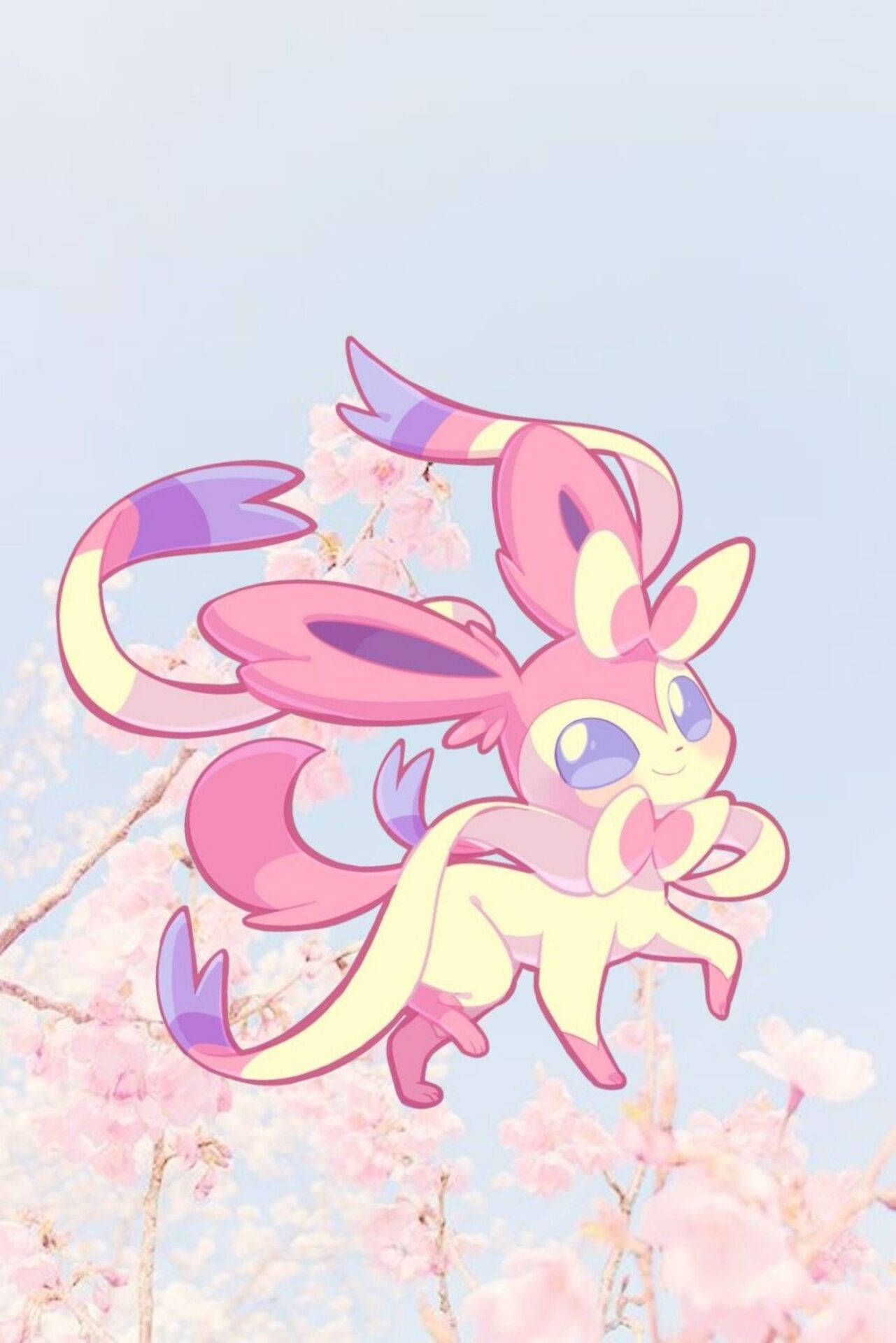 A Sylveon Pokemon Surrounded By A Pink Sakura Phone Background