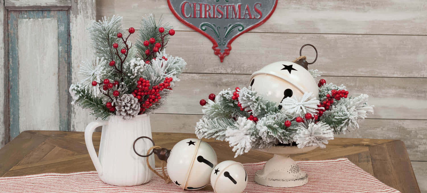 A Table With A Christmas Tree And A Jar Of Berries Background