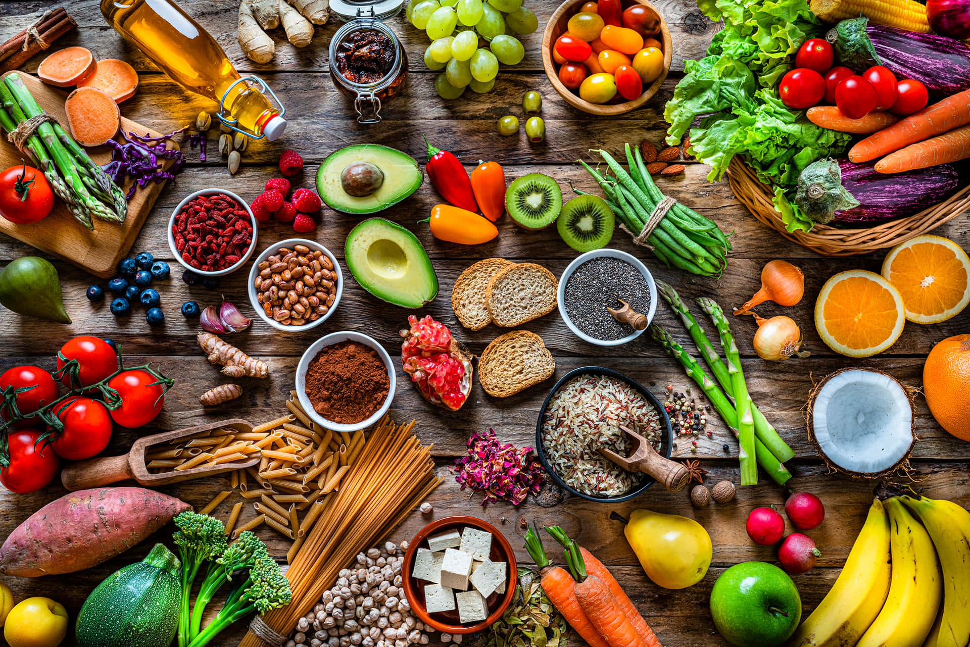 A Table With A Variety Of Fruits And Vegetables Background