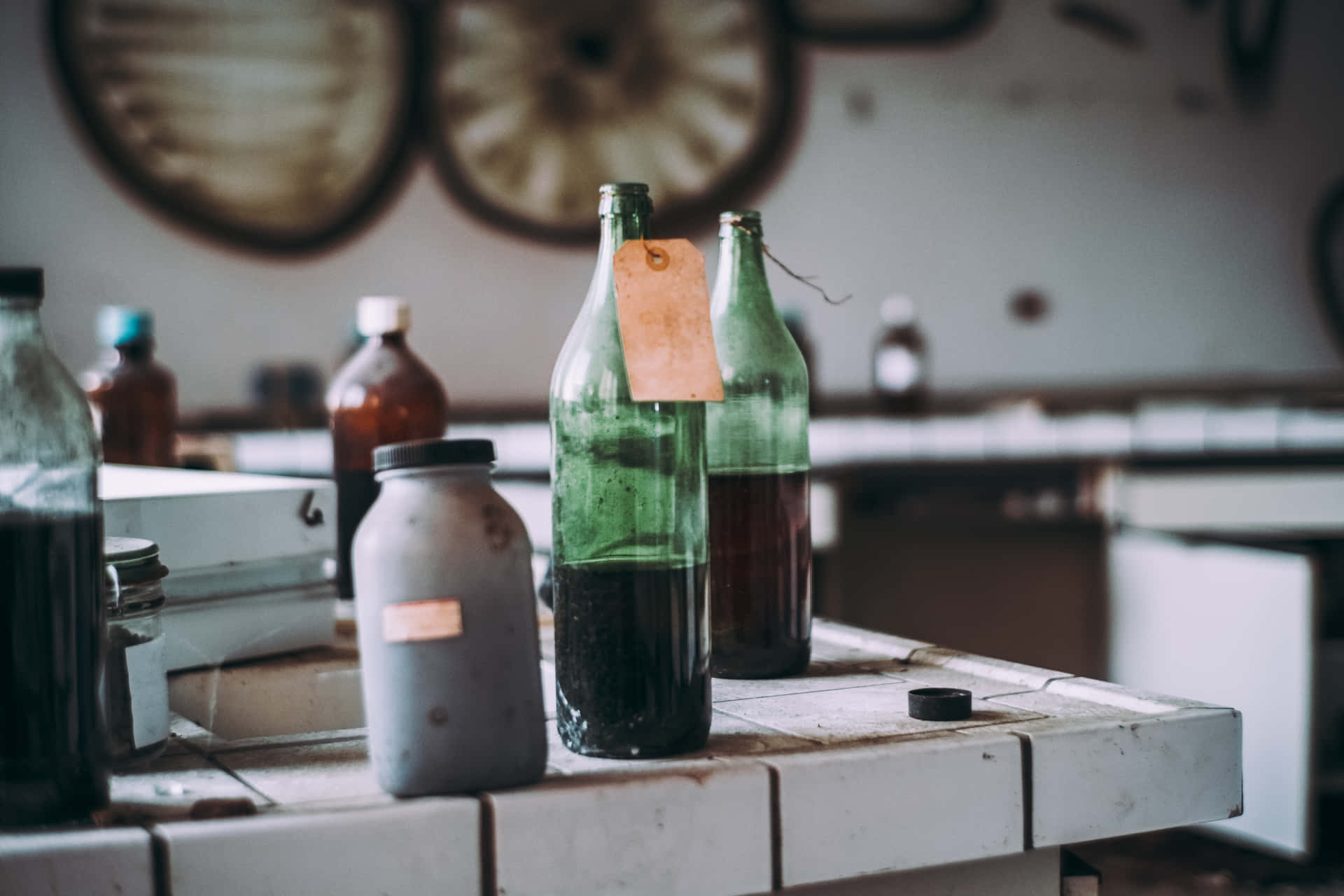 A Table With Bottles And Other Items On It Background