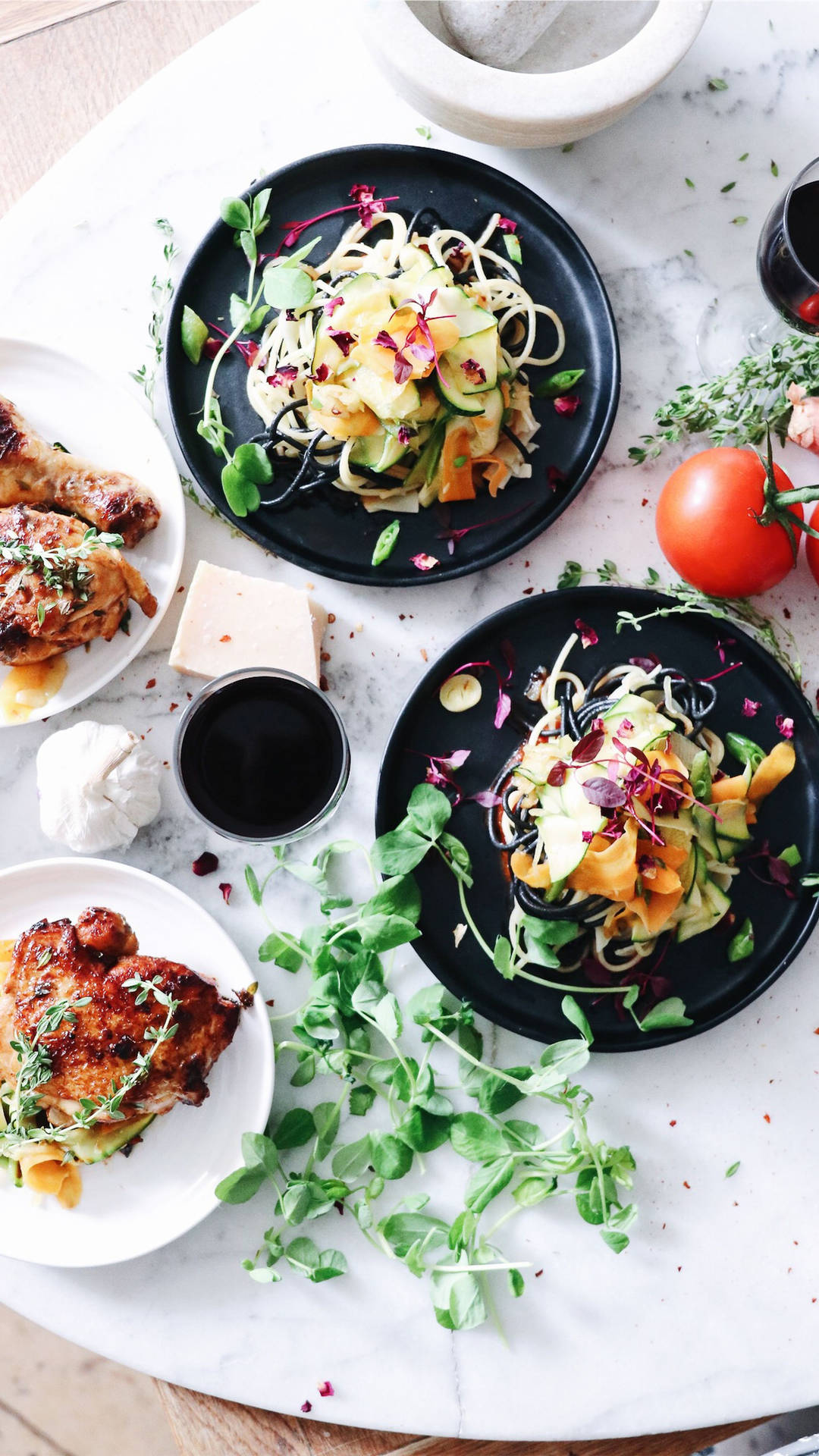 A Table With Plates Of Food On It Background