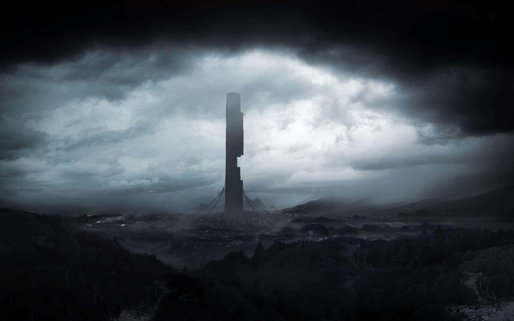 A Tall Tower In The Middle Of A Dark Forest Background