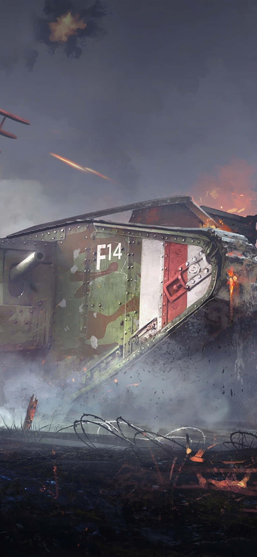 A Tank Is Flying Over A Fire Background
