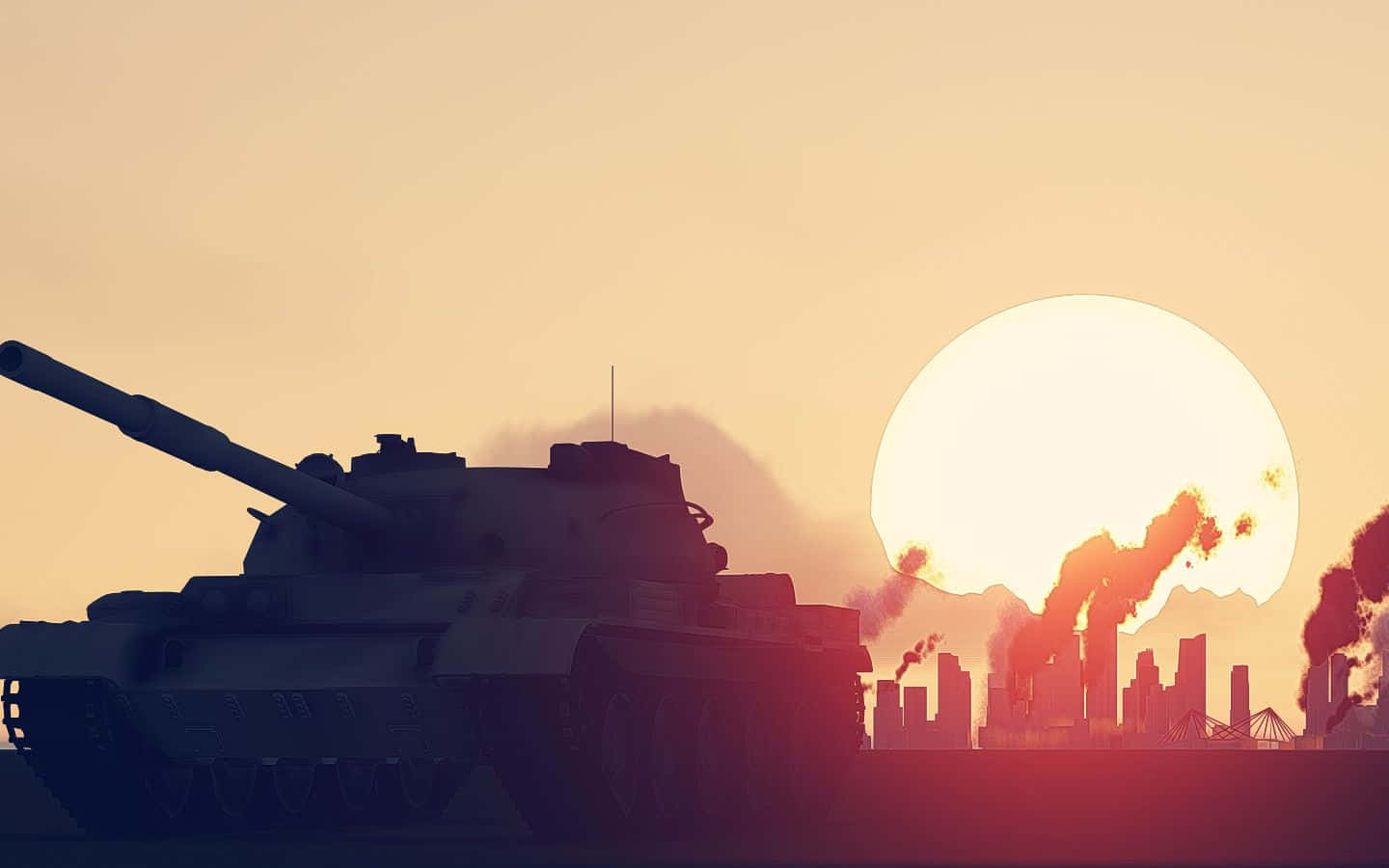 A Tank Is In The Middle Of A City At Sunset Background