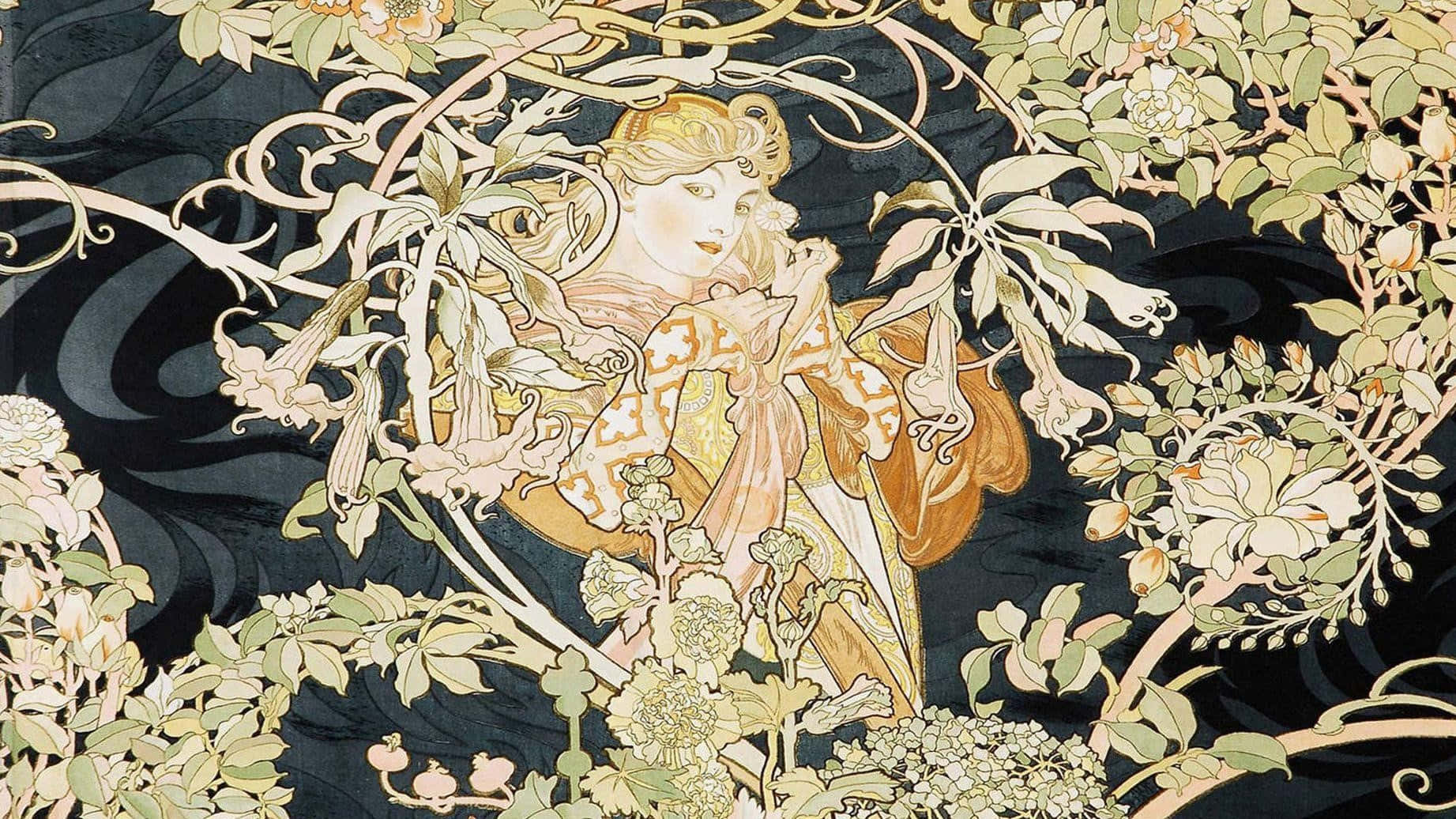 A Tapestry With A Woman In A Floral Pattern