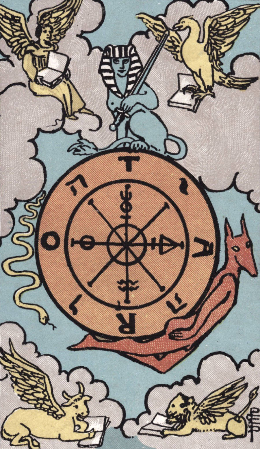 A Tarot Card With A Compass And Angels Background