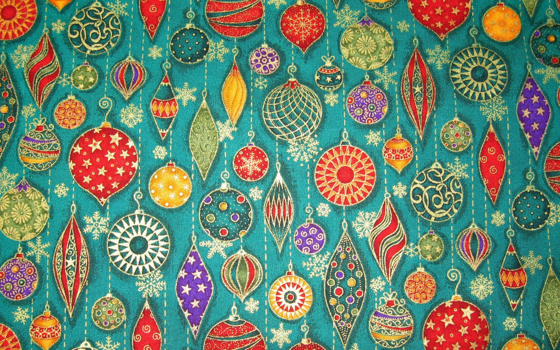 A Teal Fabric With Many Christmas Ornaments On It Background