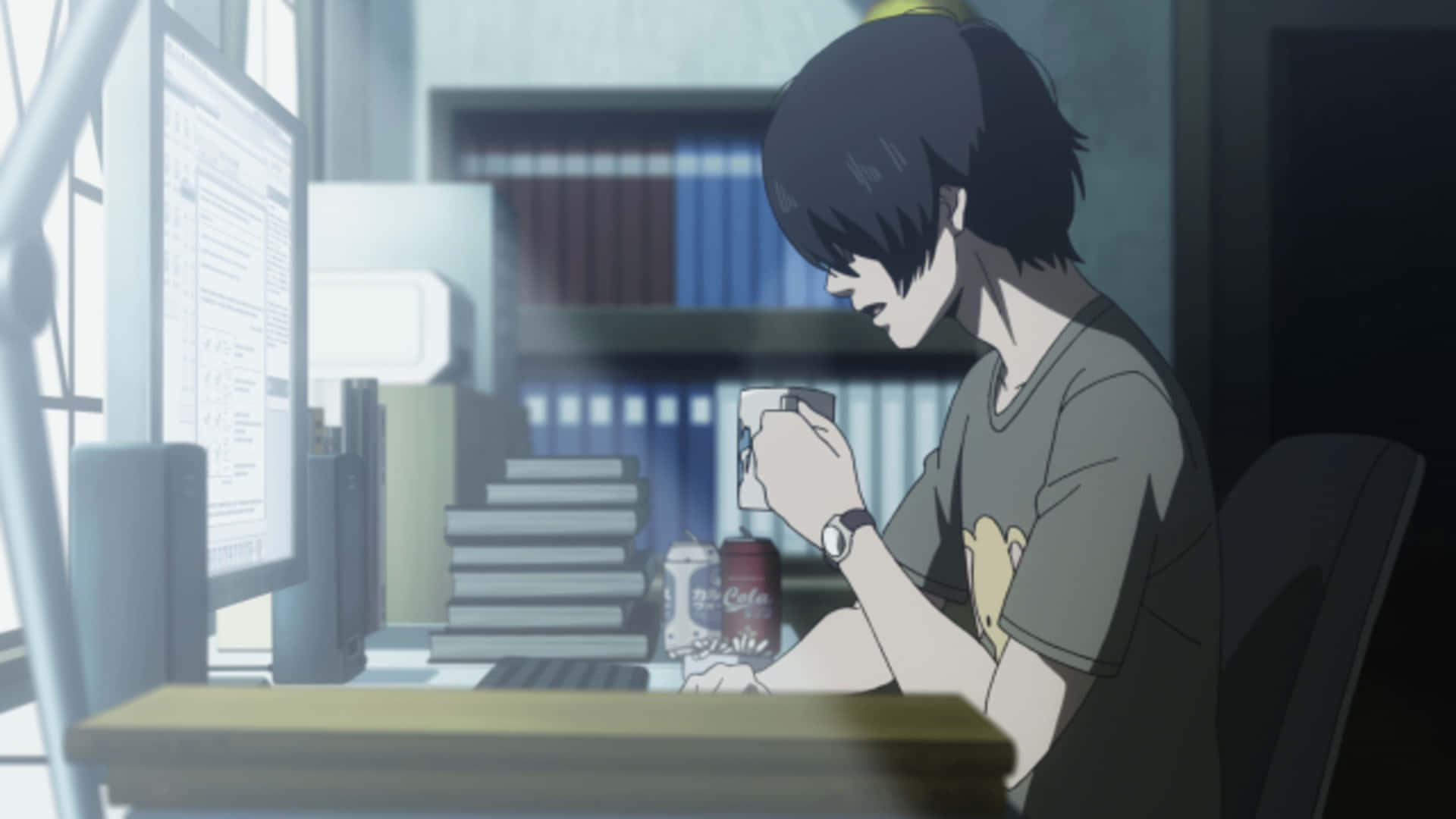 A Teenage Boy Searching For Anime-inspired Artwork On His Computer. Background