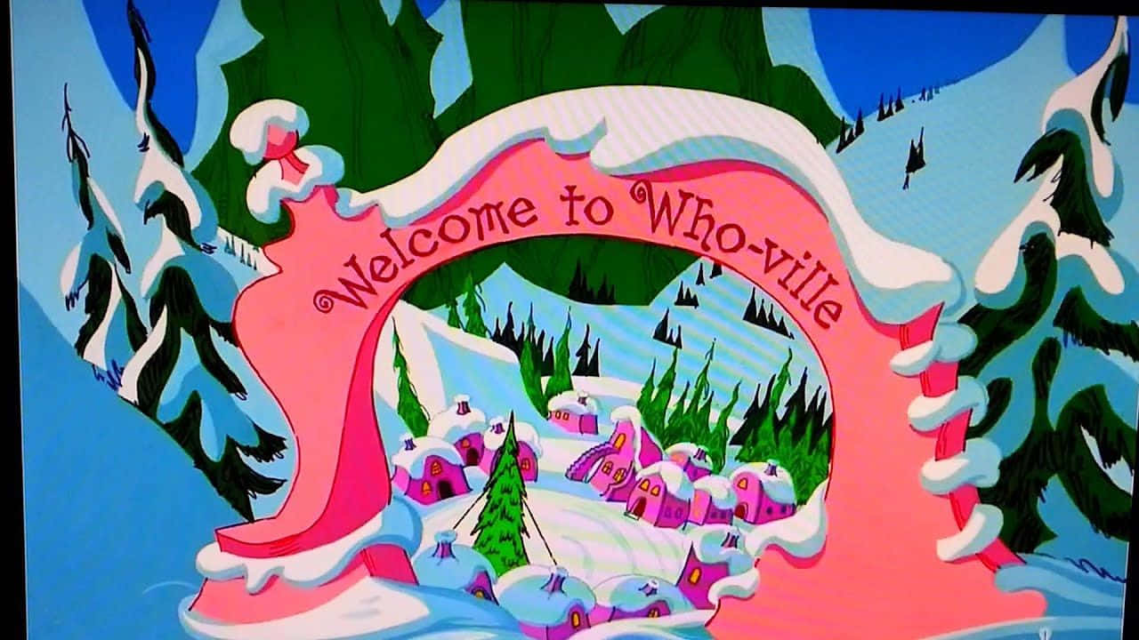 A Television Screen With A Pink And White Snowy Scene Background