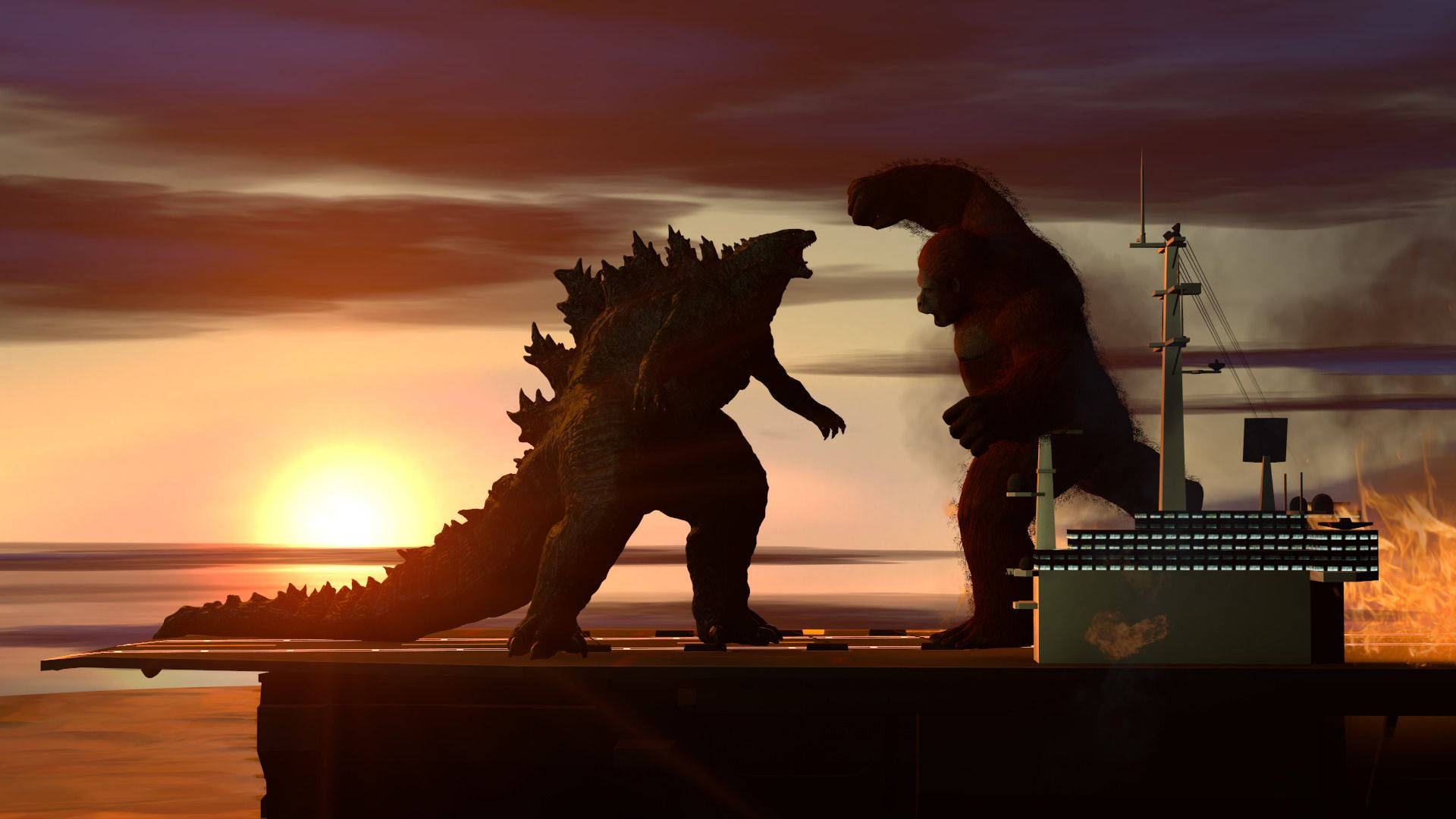 A Terrifying Battle Ensues When Godzilla And Kong Clash On The Deck Of An Aircraft Carrier Background