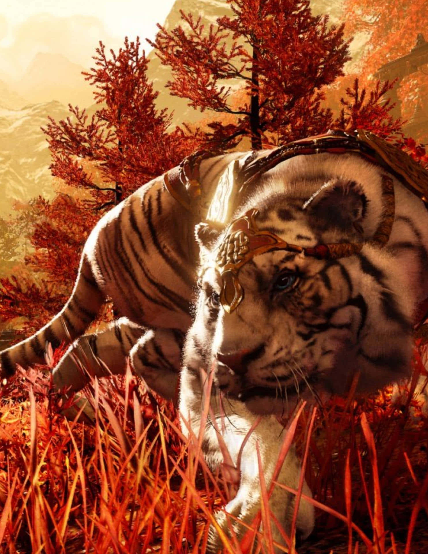 A Tiger Is Walking Through The Grass In A Red Forest
