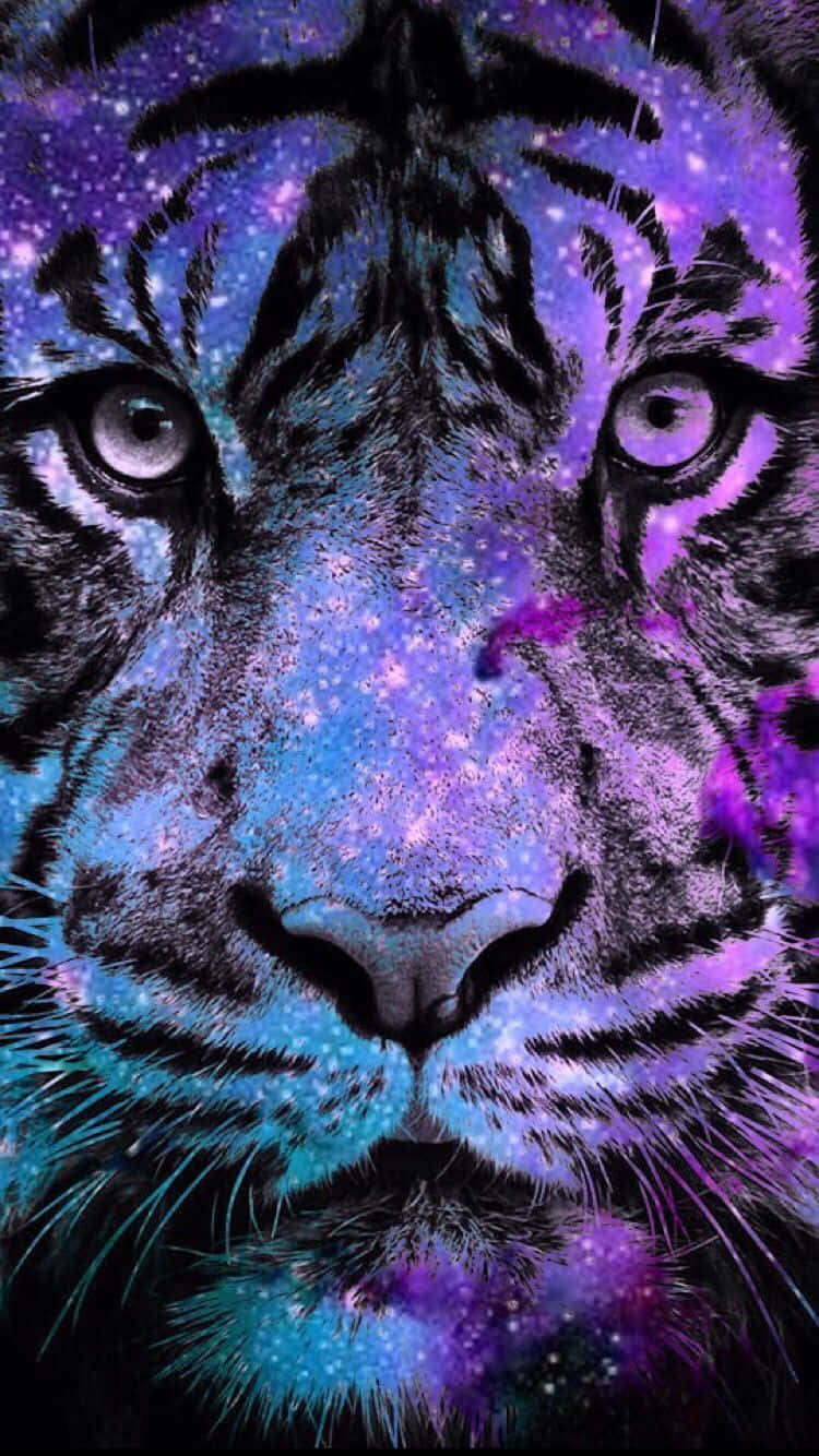 A Tiger With Purple And Blue Eyes In Space Background