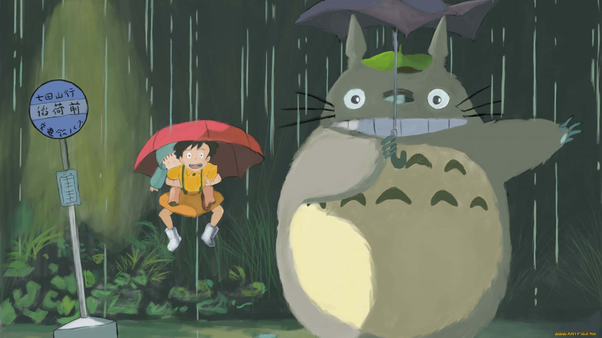 A Totoro And A Girl Standing In The Rain