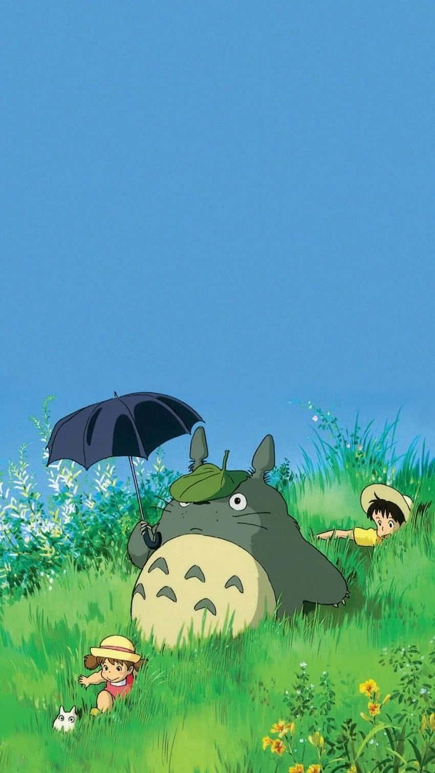 A Totoro And A Girl With An Umbrella In The Grass