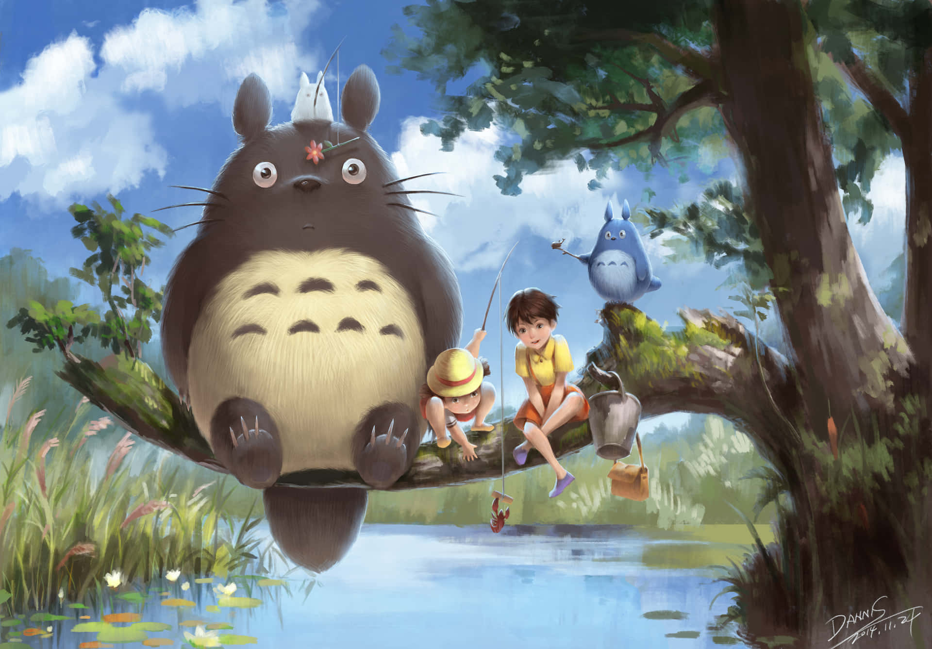 A Totoro And His Friends Sitting On A Branch