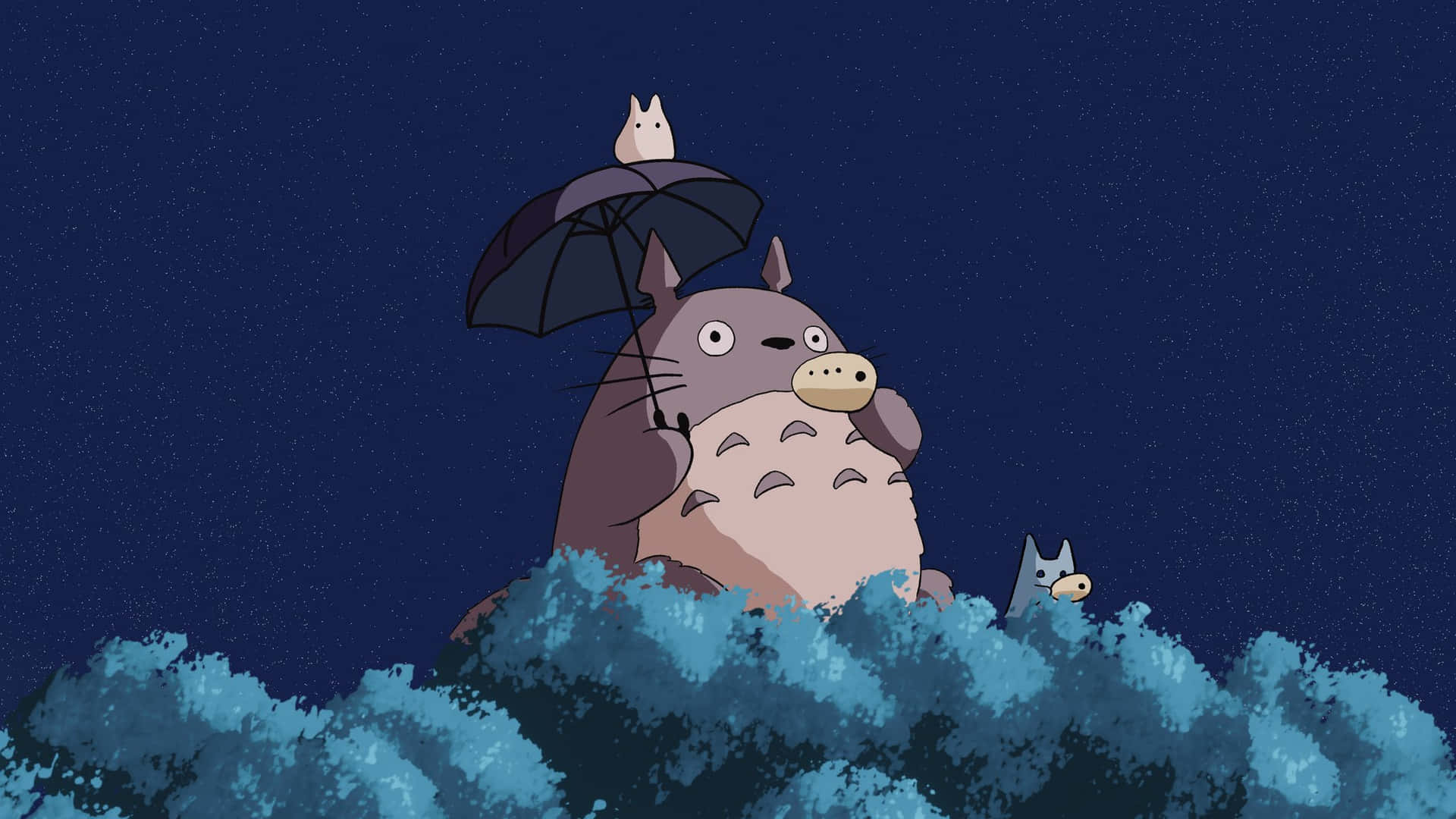 A Totoro Sitting On A Tree With An Umbrella