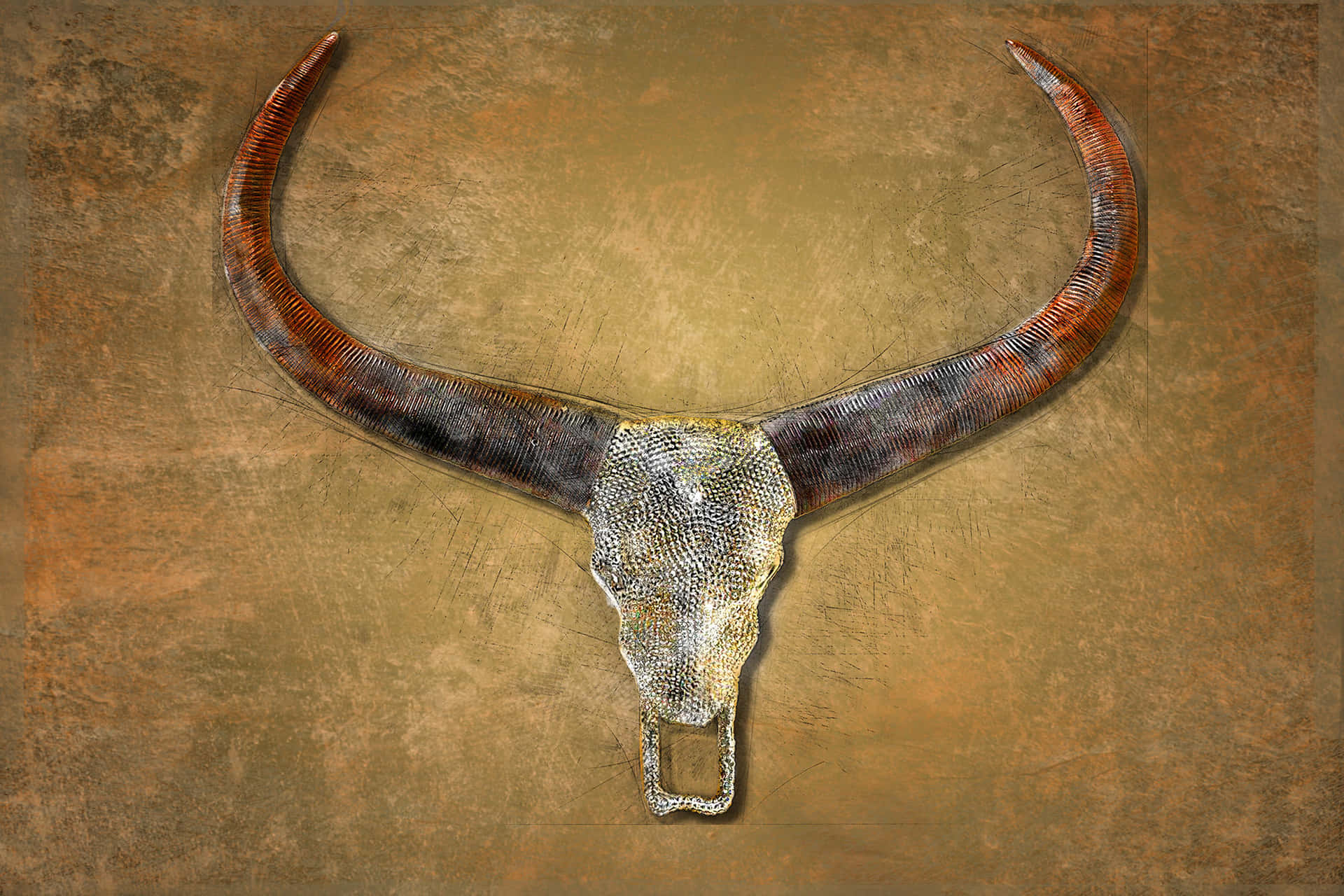 A Traditional Bull Skull Sitting On A Field Of Brown. Background