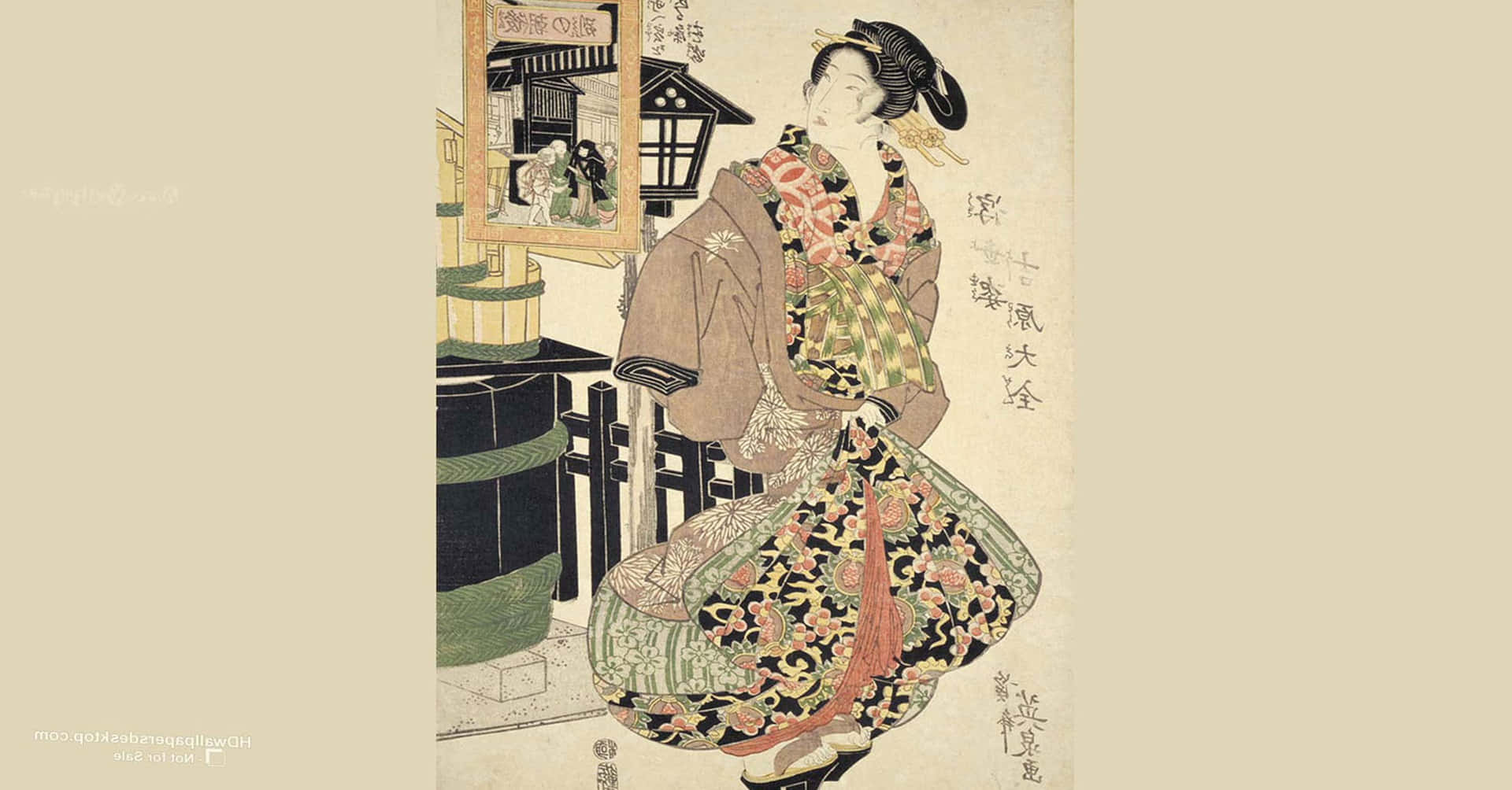 A Traditional Japanese Painting Showing A Colorful Nature Scene