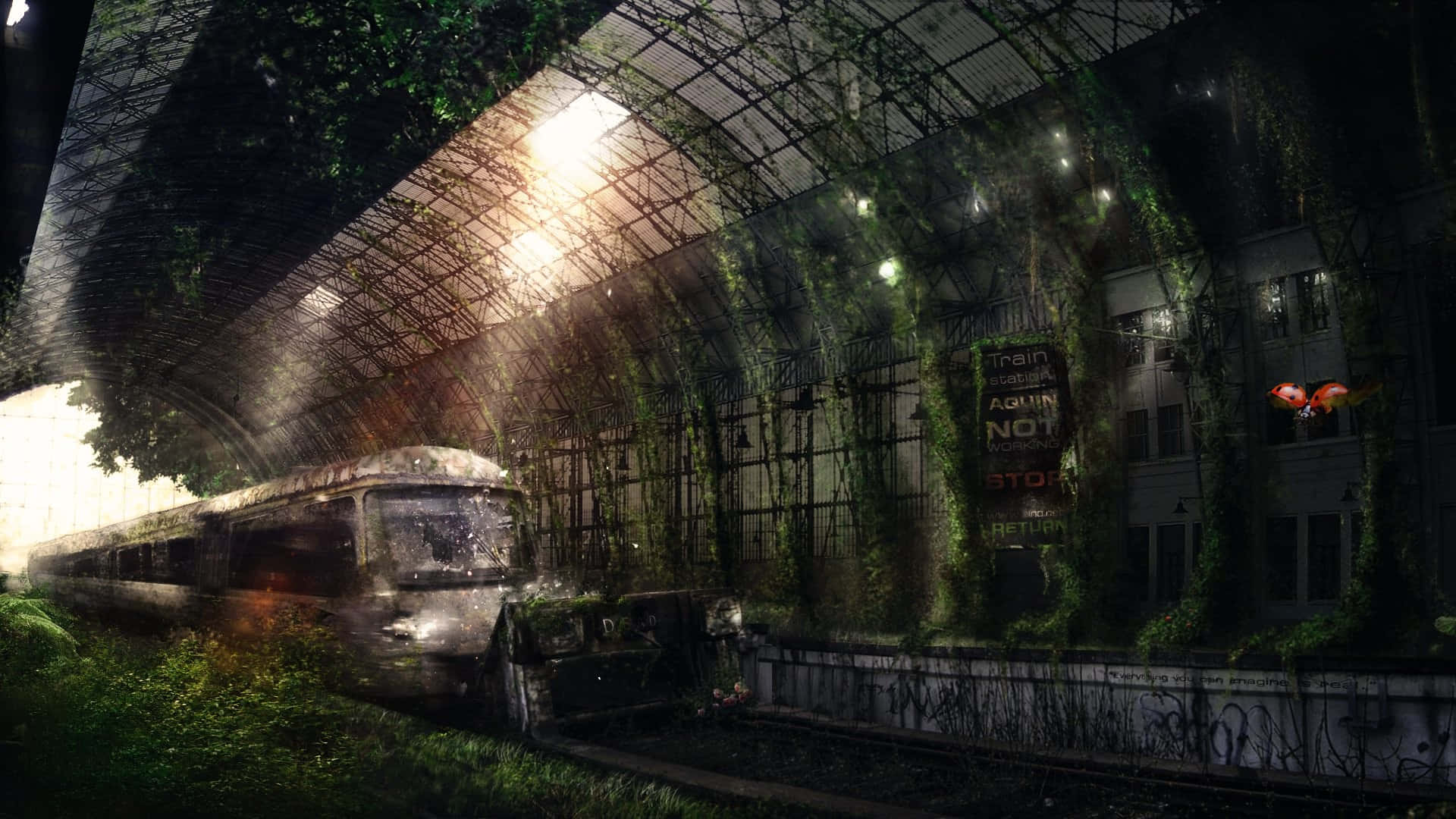 A Train Is Traveling Through A Train Station With A Lot Of Greenery Background