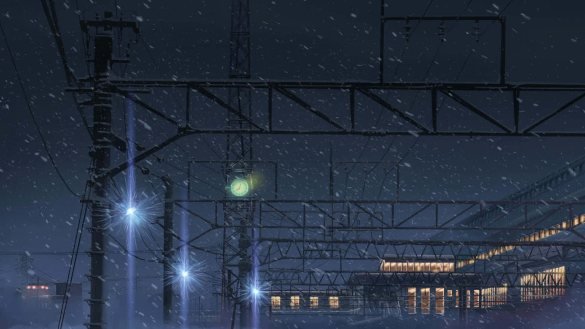 A Train Station With Lights And Power Lines Background