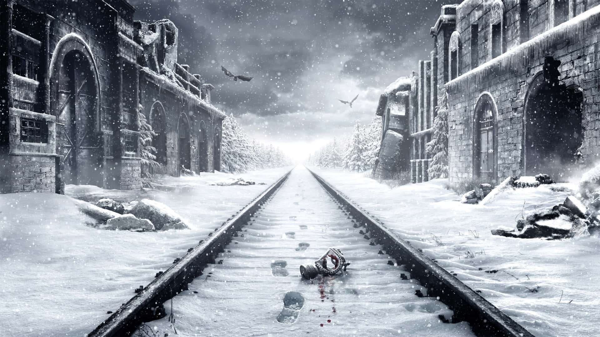A Train Tracks With Snow And A Bloody Scene Background