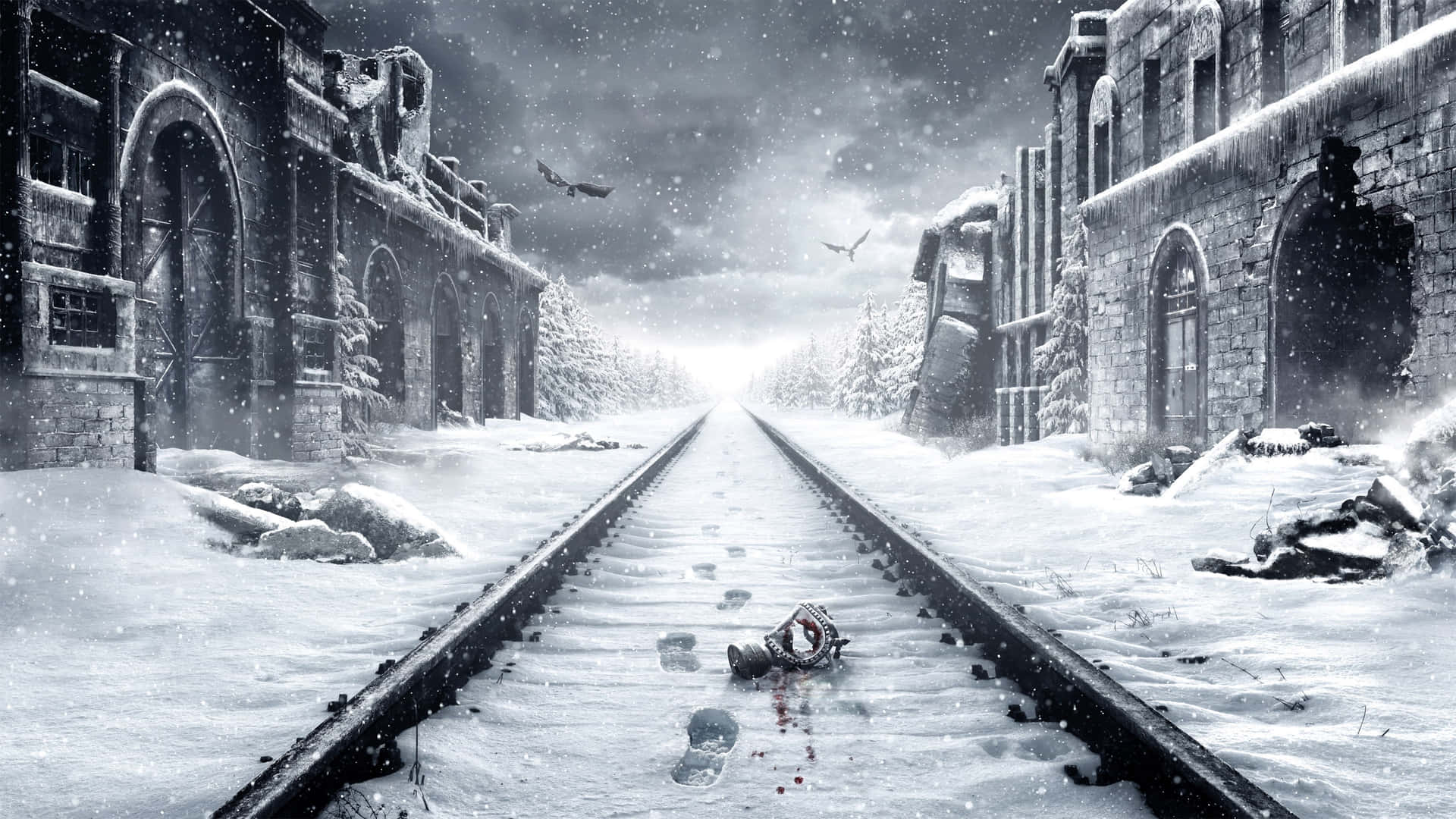 A Train Tracks With Snow And A Bloody Scene