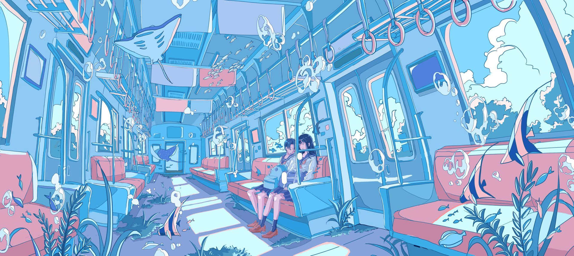 A Train With A Girl Sitting On The Seat Background