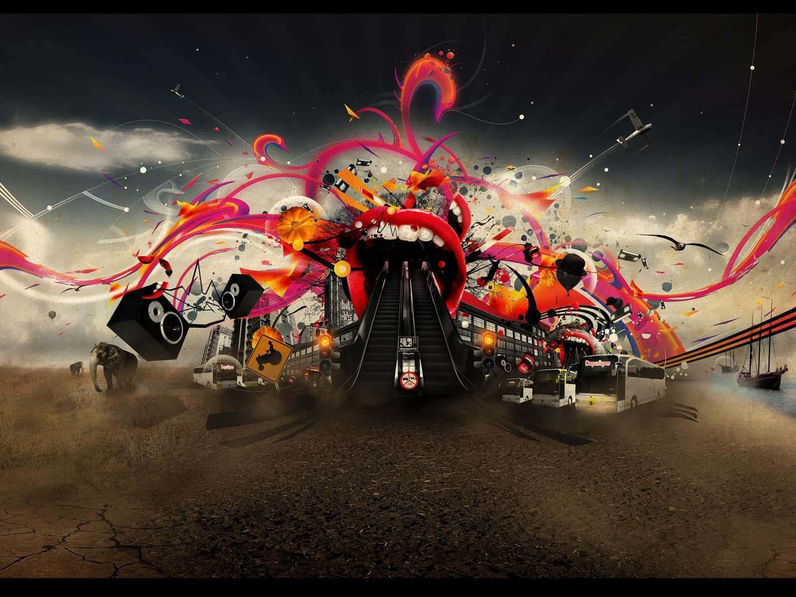 A Train With A Red And Black Design Background