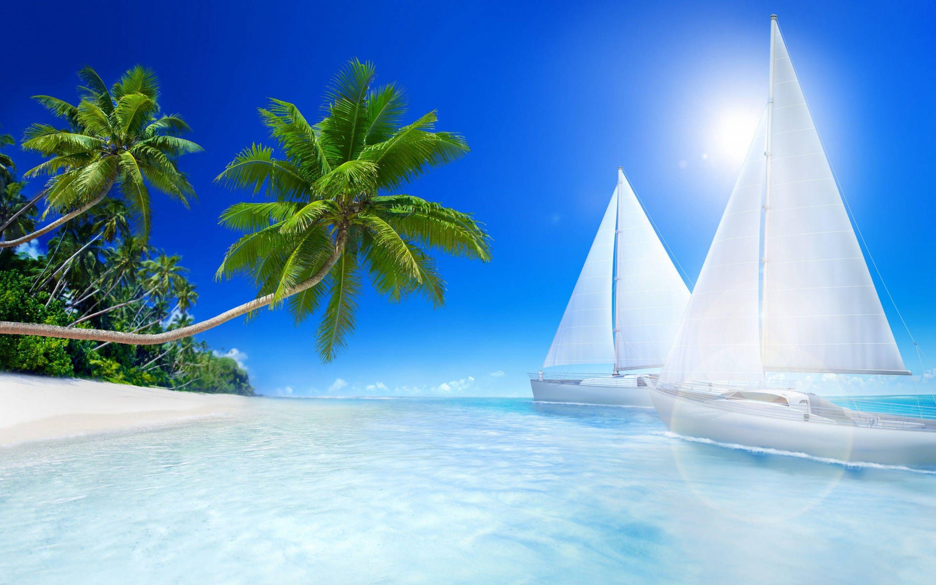 A Tranquil Beach Scene With White Sands And A Glittering Sea Background