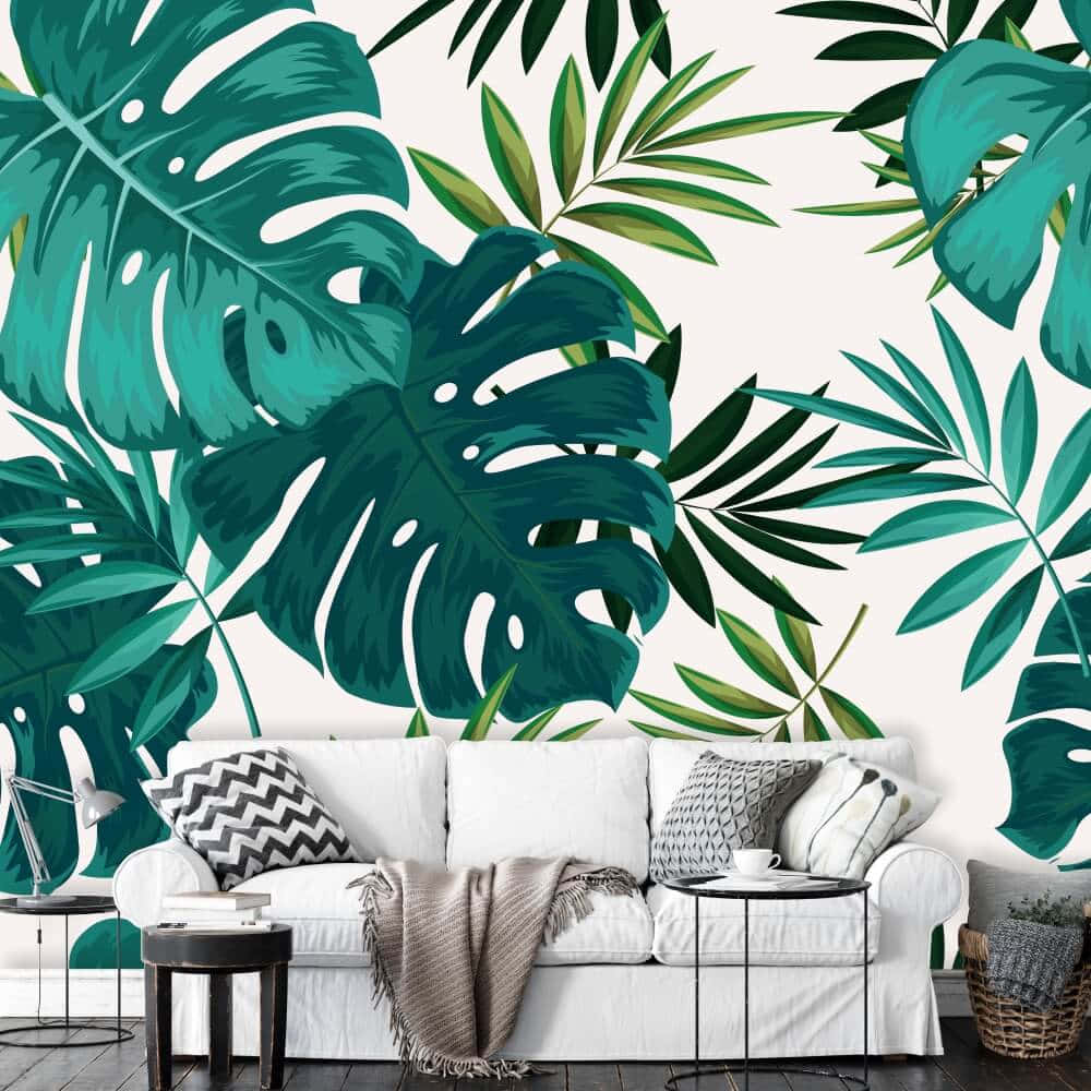 A Tranquil Tropical Living Room Featuring A Vibrant Monstera Leaf. Background