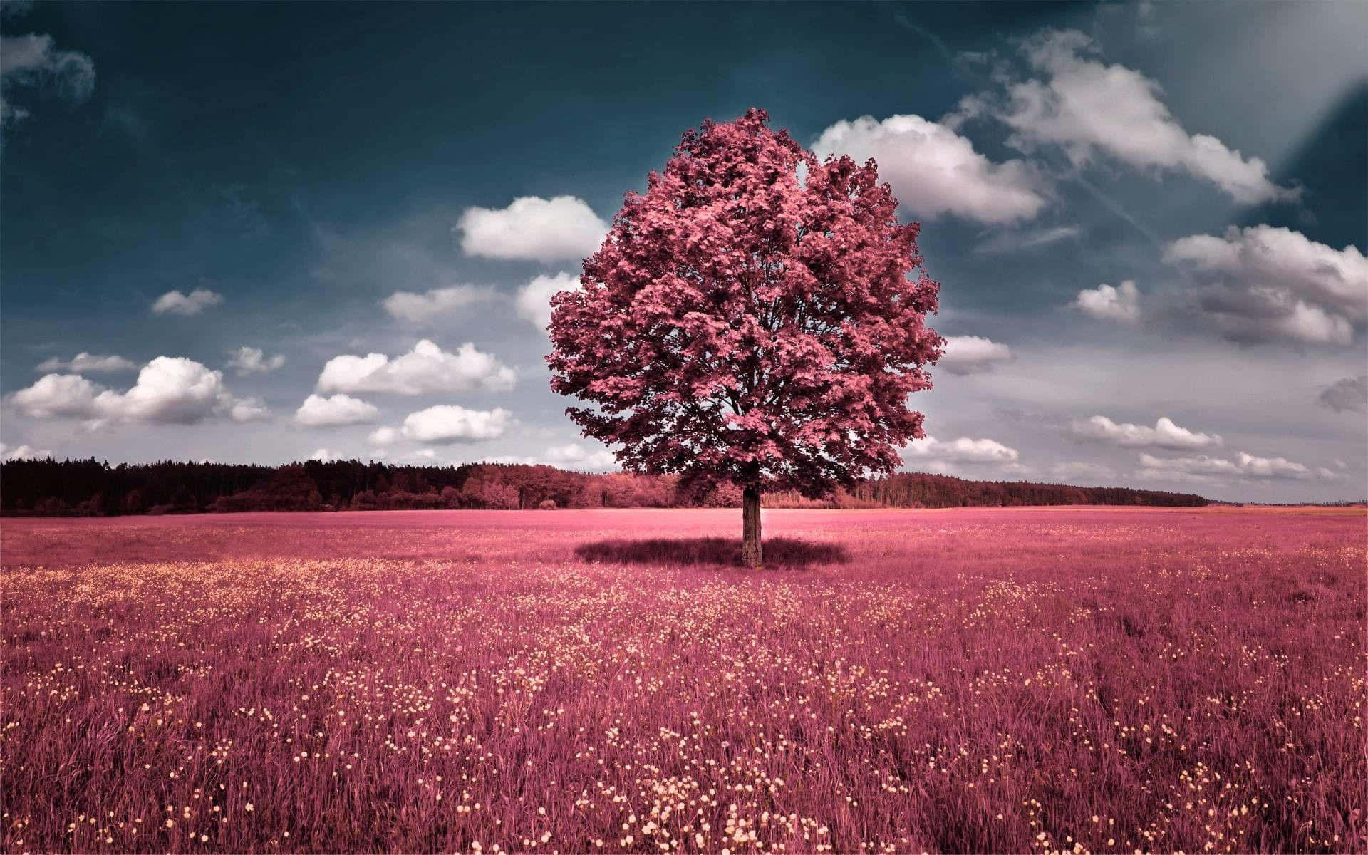 A Tranquil View Of Beautiful Pink Trees Against A Backdrop Of Sunny Skies Background