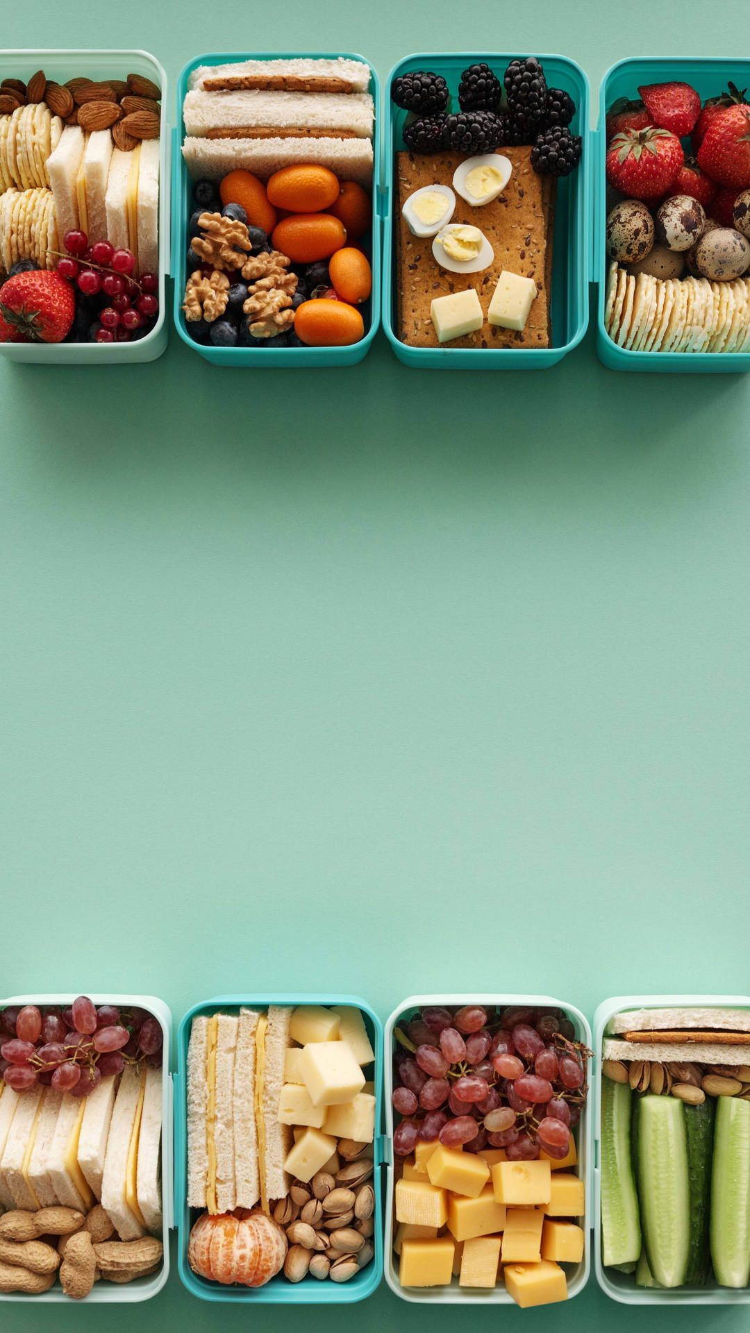 A Tray Of Different Types Of Food In A Blue Container Background