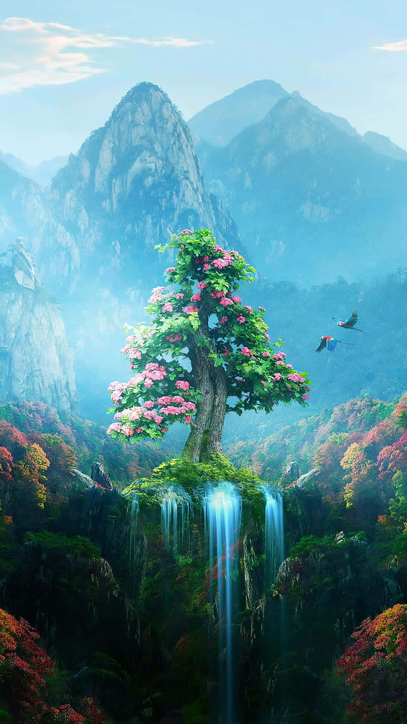 A Tree In The Middle Of A Waterfall Background