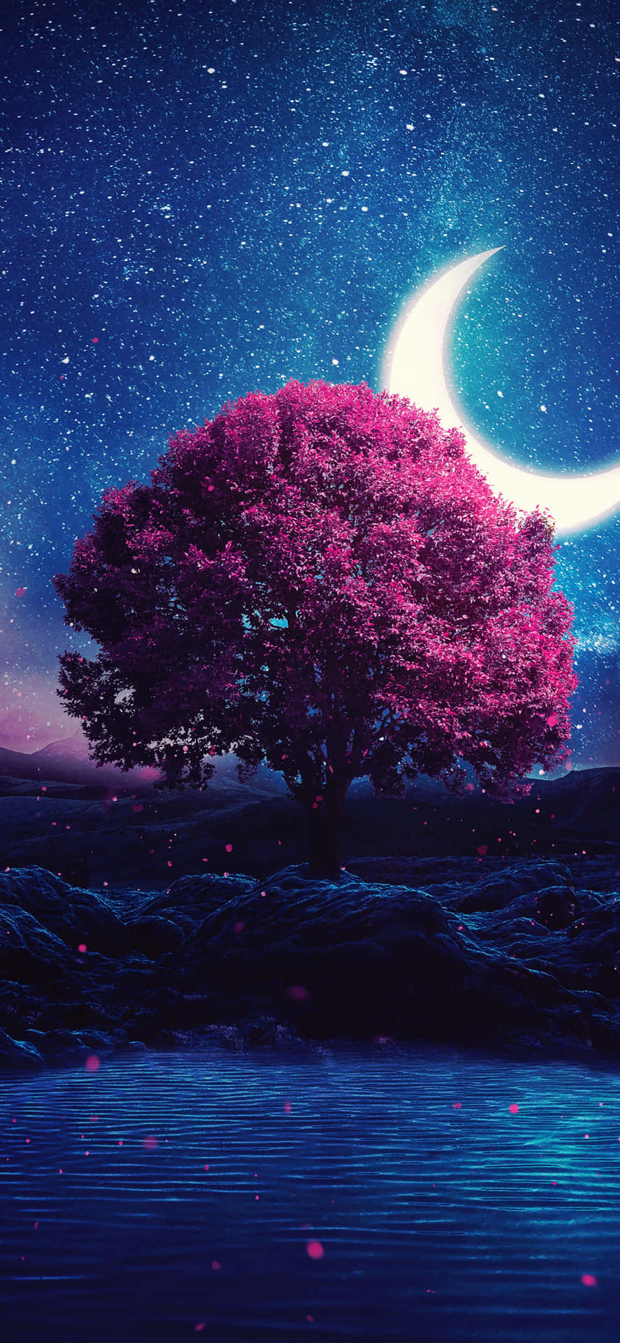 A Tree With A Crescent And Stars In The Sky Background