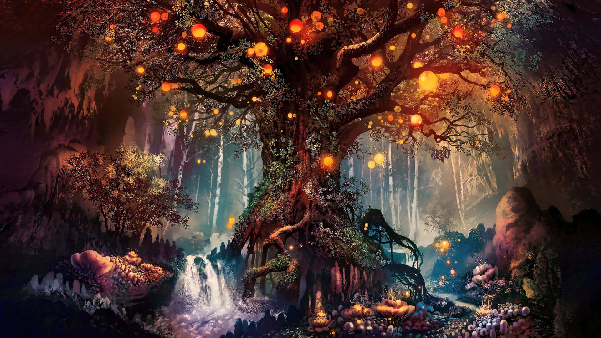 A Tree With Many Lanterns In The Forest Background