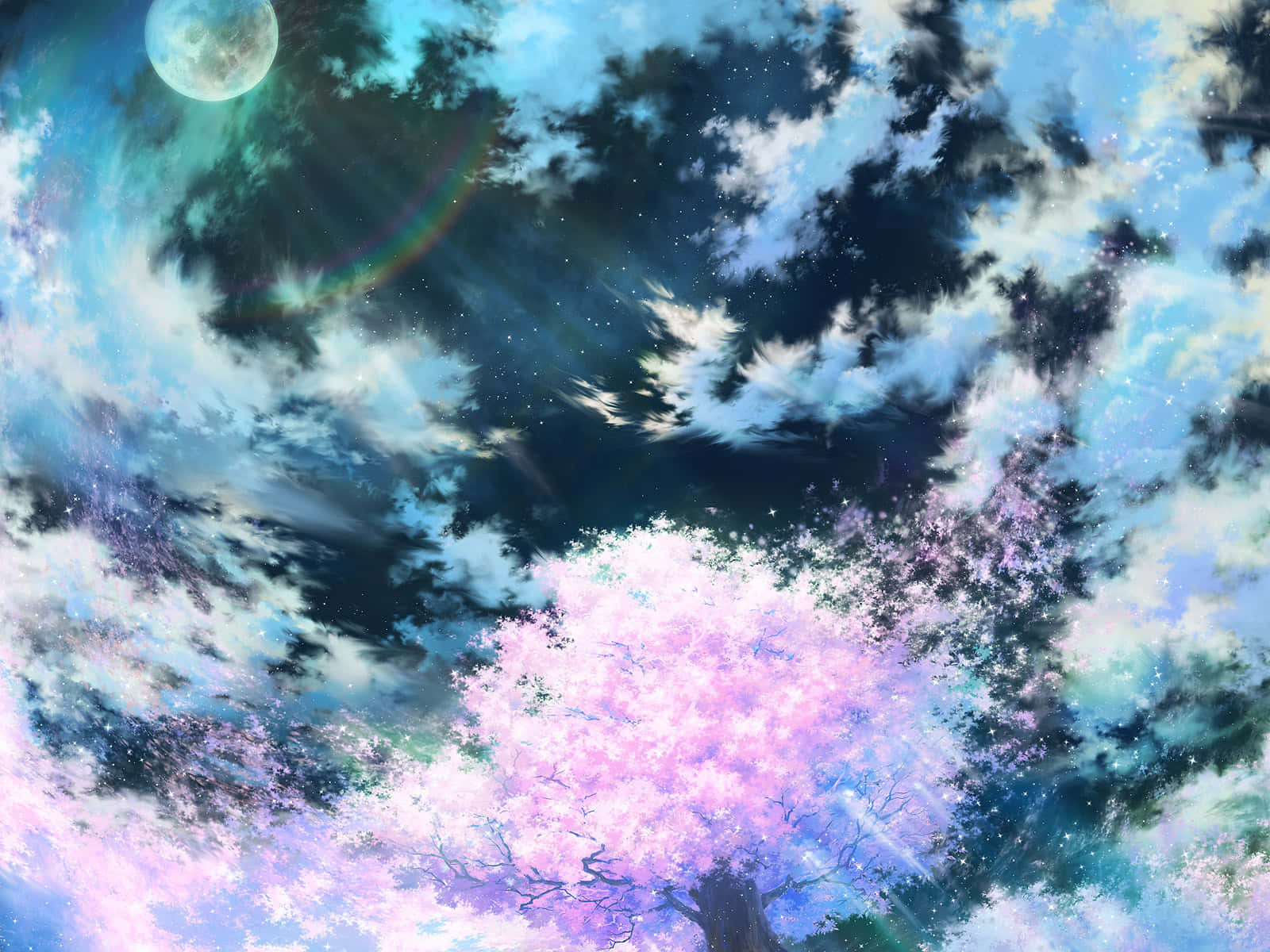 A Tree With Pink Flowers And Clouds In The Sky