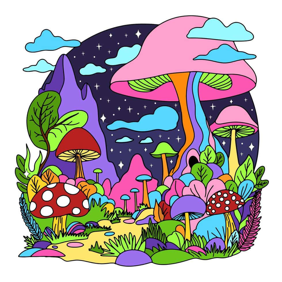 A Trippy Mushroom Adds A Splash Of Psychedelic Color To The Forest. Background