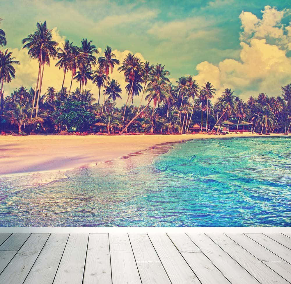 A Tropical Beach Scene With Palm Trees And A Wooden Floor Background