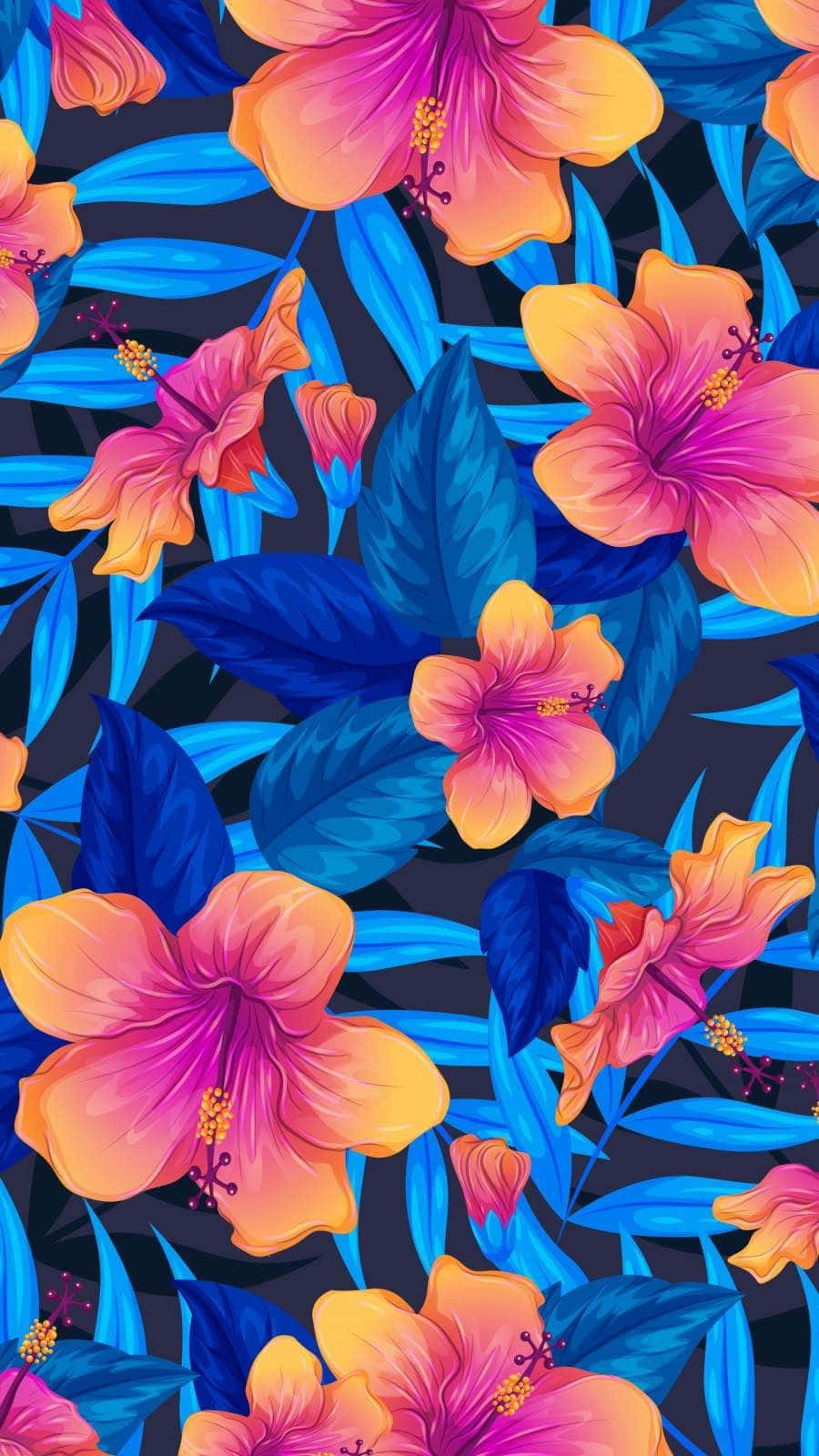 A Tropical Floral Pattern With Orange And Blue Flowers Background