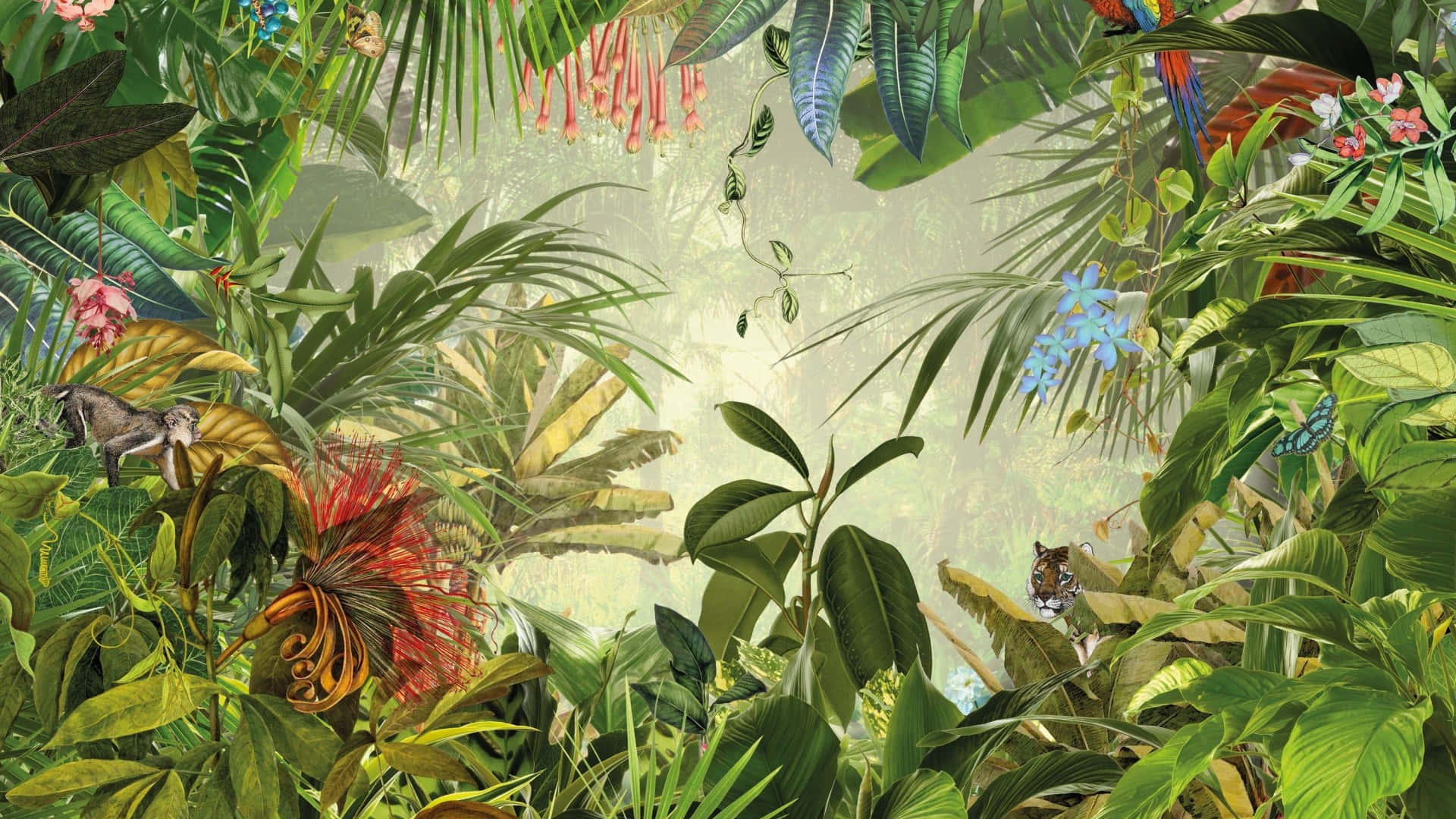 A Tropical Jungle Scene With Many Plants And Animals Background