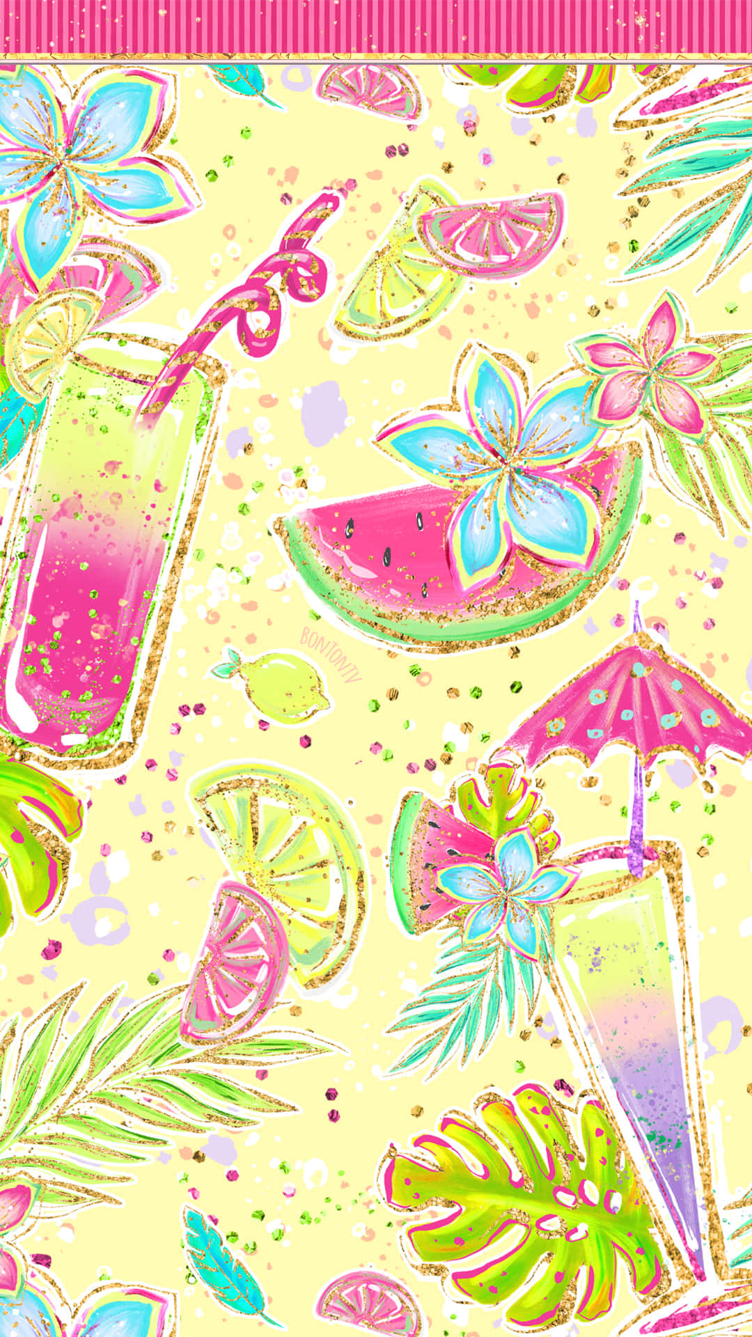 A Tropical Print With Tropical Flowers And Fruit