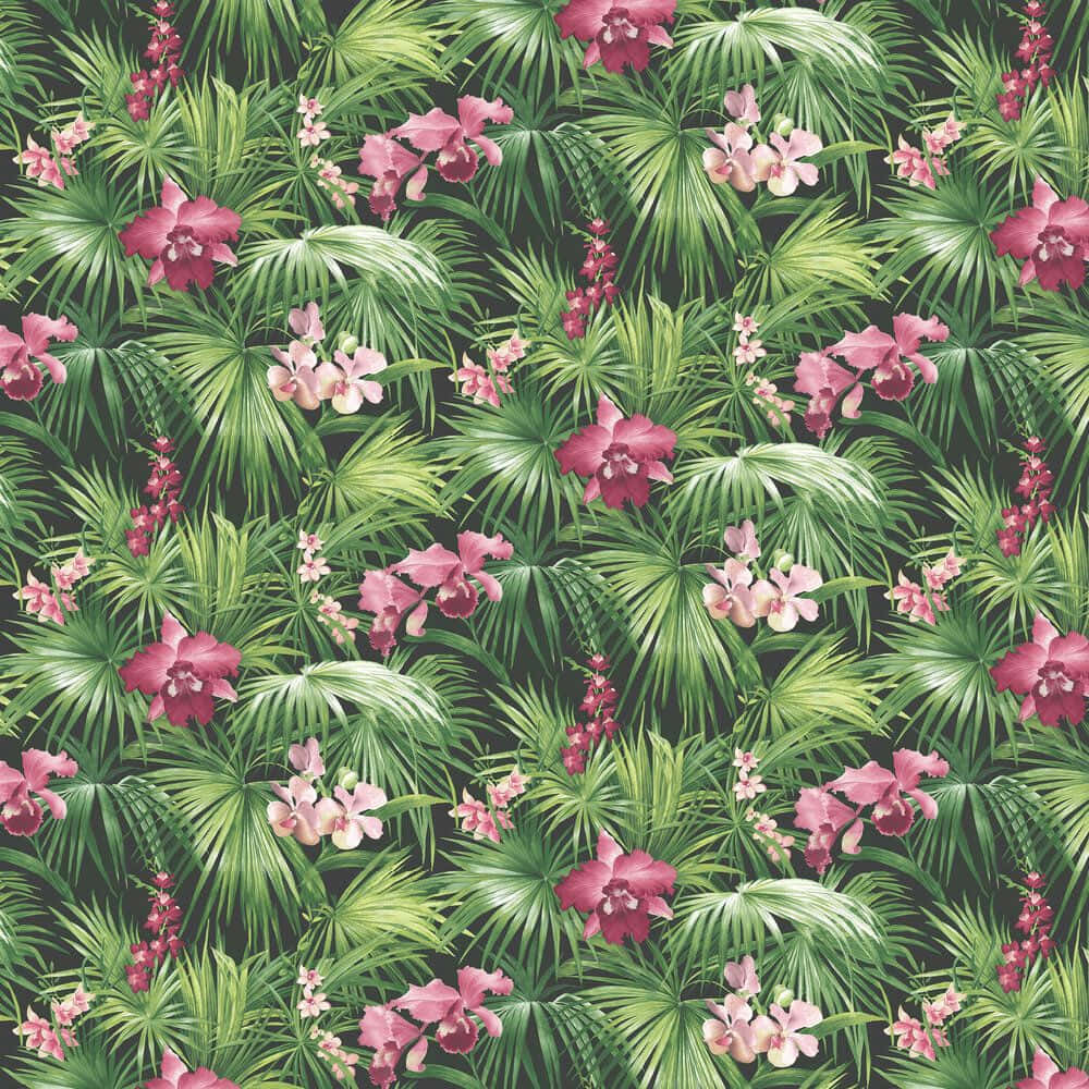 A Tropical Wallpaper With Pink Flowers And Palm Trees