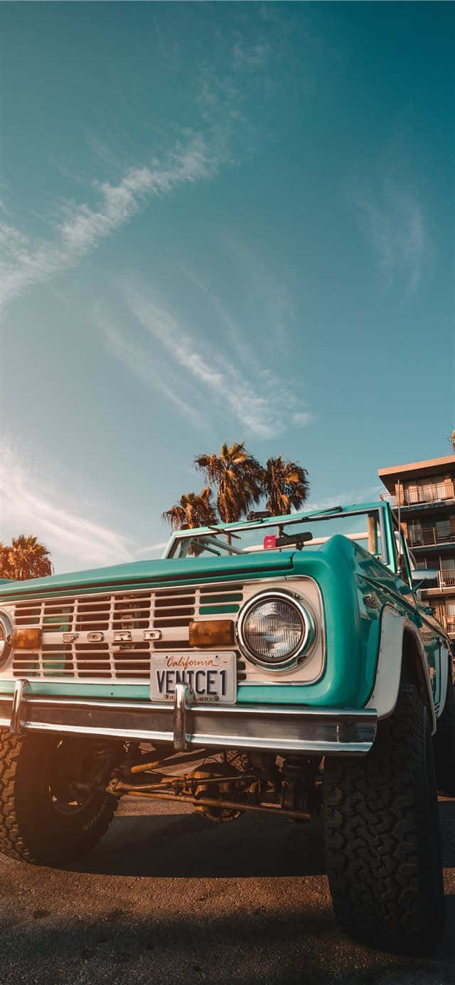 A Turquoise Truck Parked In Front Of A Palm Tree