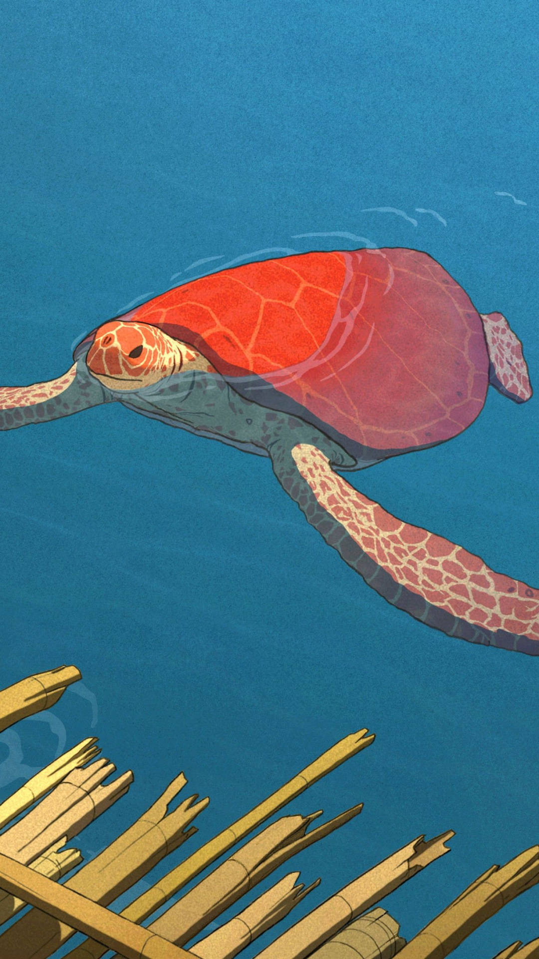 A Turtle Swimming In The Ocean Near A Wooden Pier Background