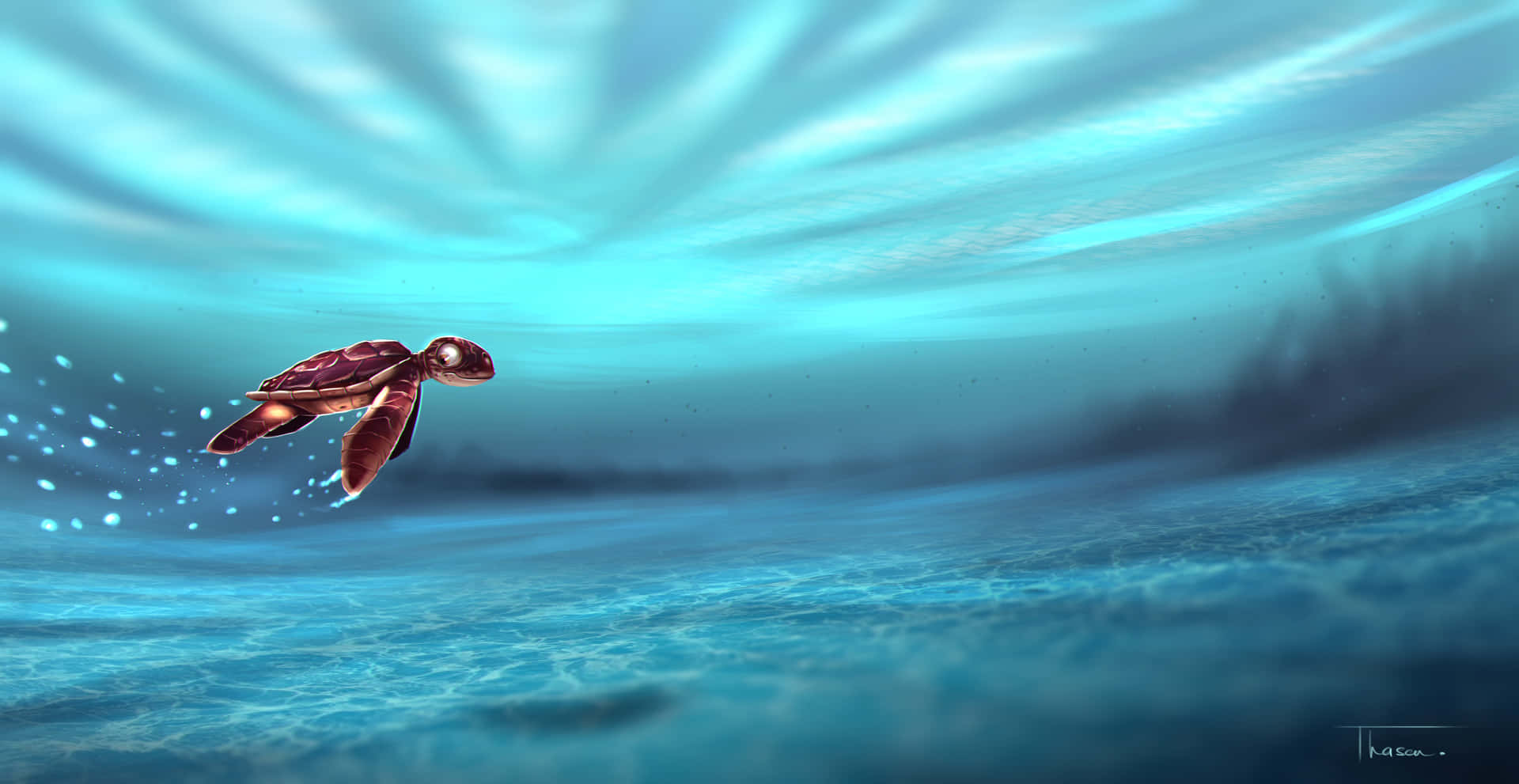 A Turtle Swimming In The Ocean With Bubbles Background