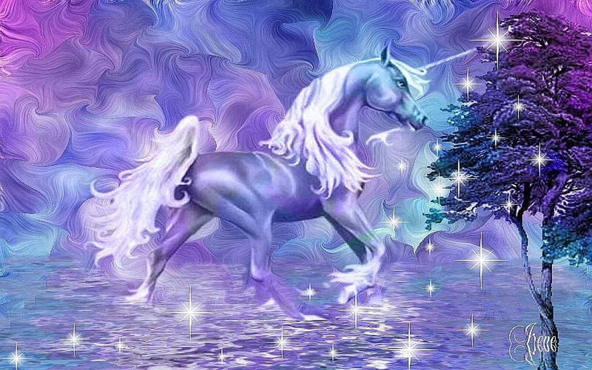 A Unicorn Is Walking In The Water With Stars Background