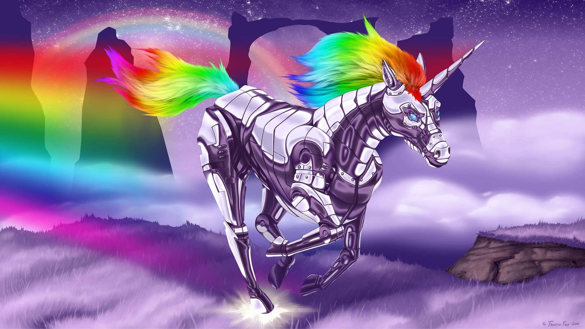 A Unicorn With Rainbow Hair And A Rainbow Sky Background