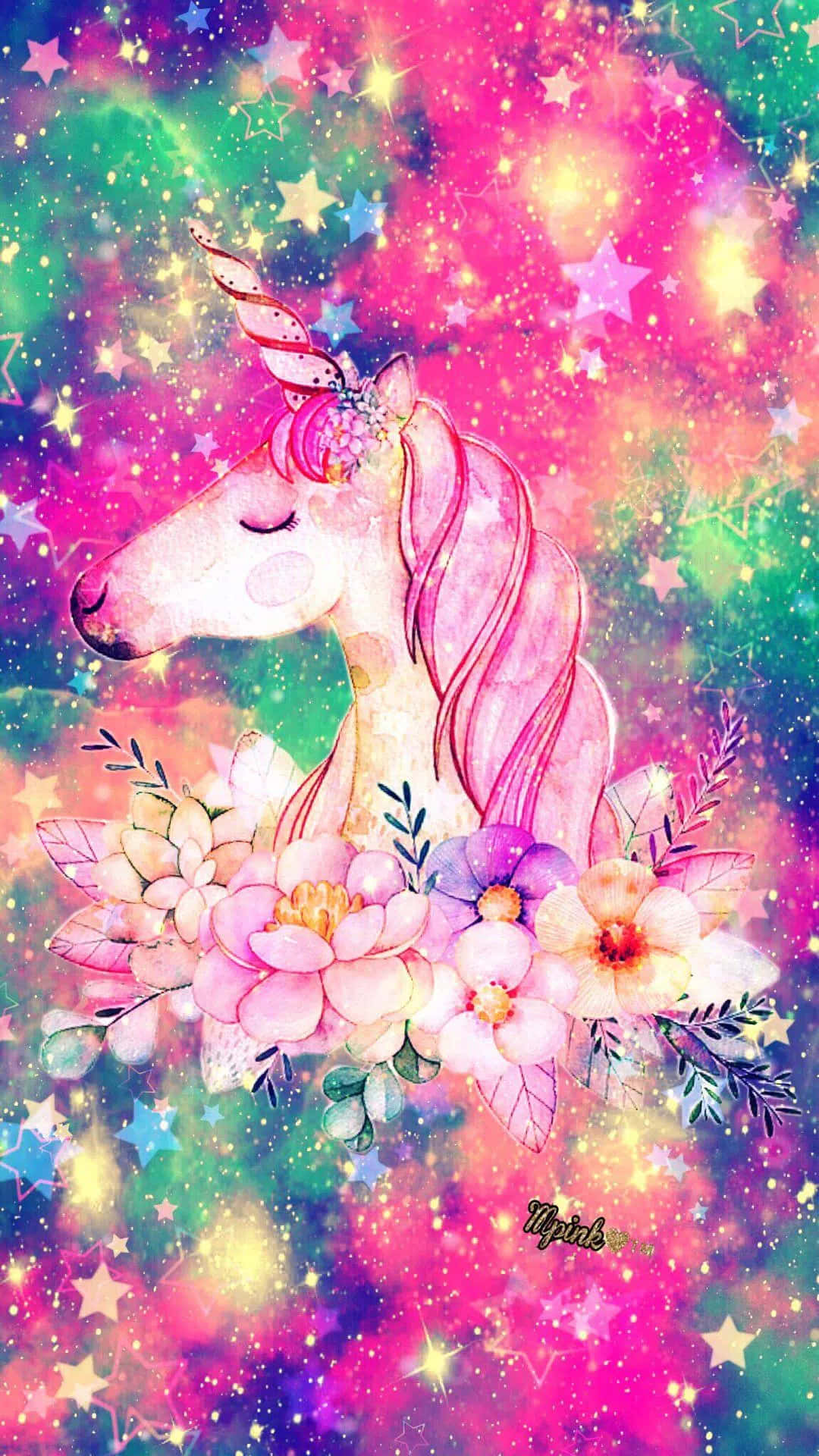 A Unicorn With Stars And Flowers In The Background Background